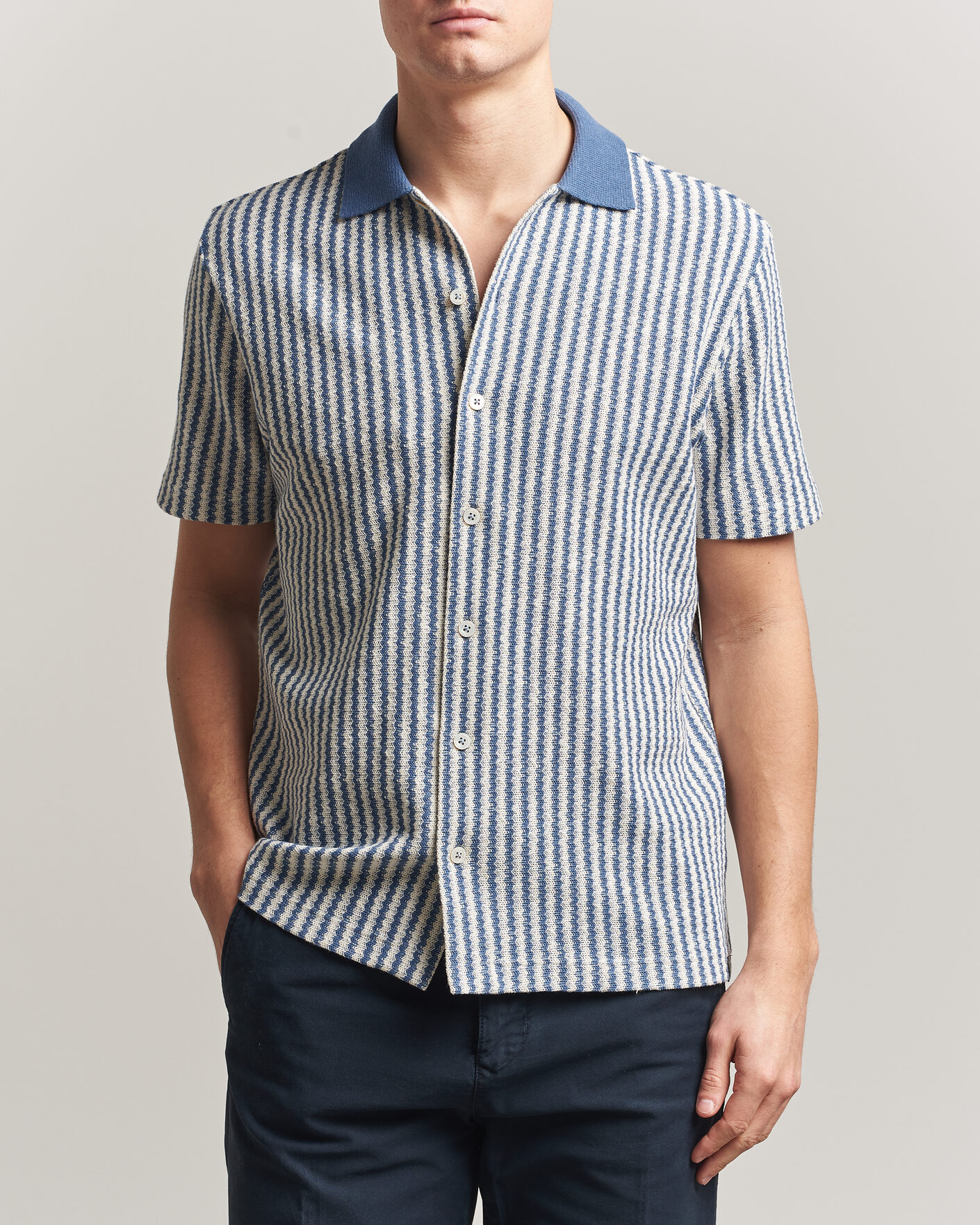 Herren | Hemden | Gran Sasso | Cotton Knitted Striped Resort Shirt Blue/white