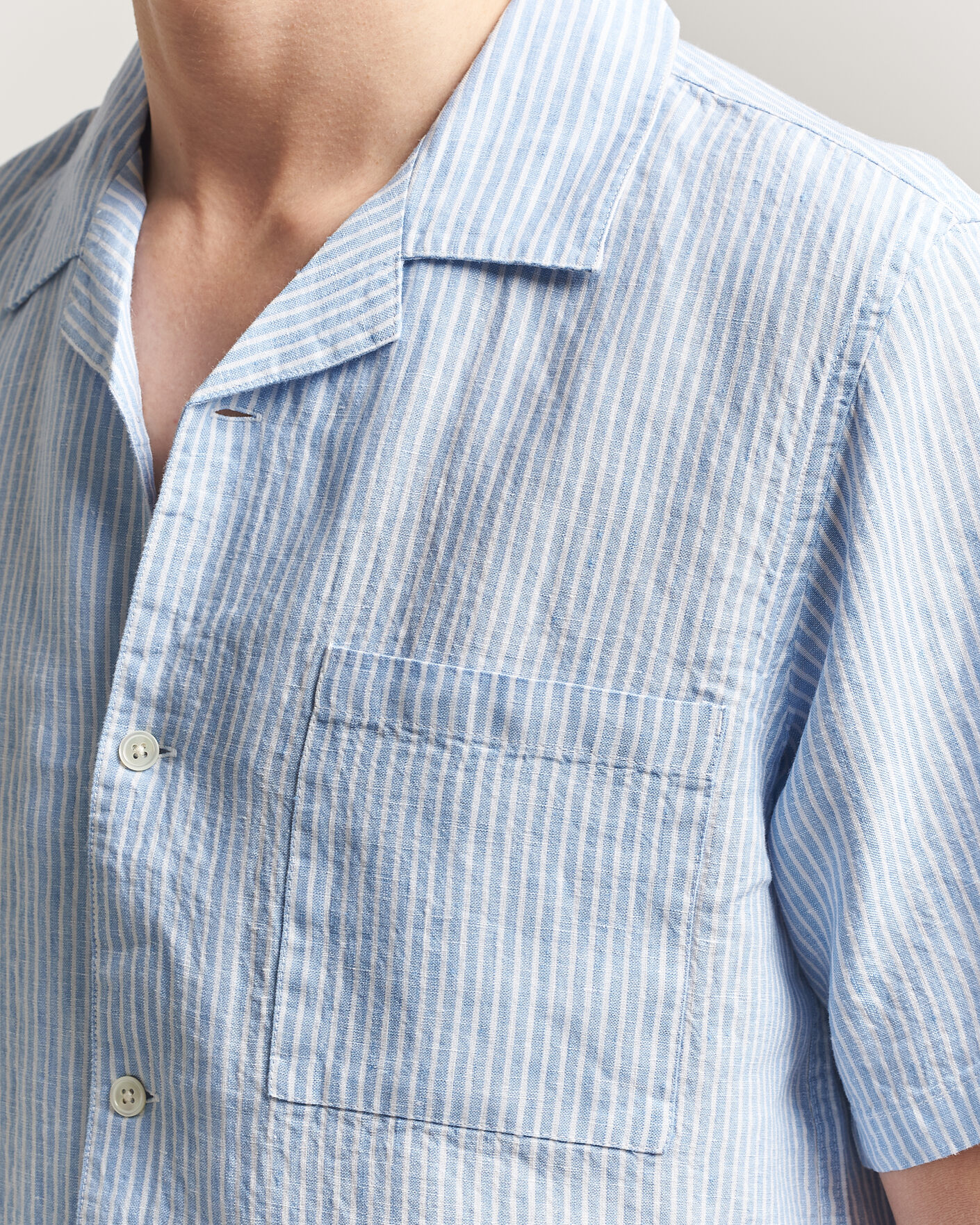 Herren | Hemden | A Day's March | Yamu Striped Linen Short Sleeve Shirt Light Blue