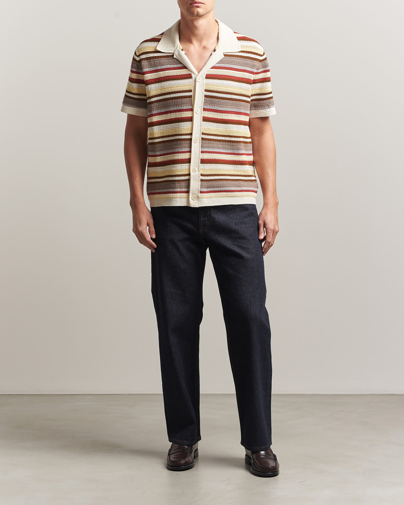 Herren | Hemden | NN07 | Lars Striped Knitted Short Sleeve Shirt Ivory Multi