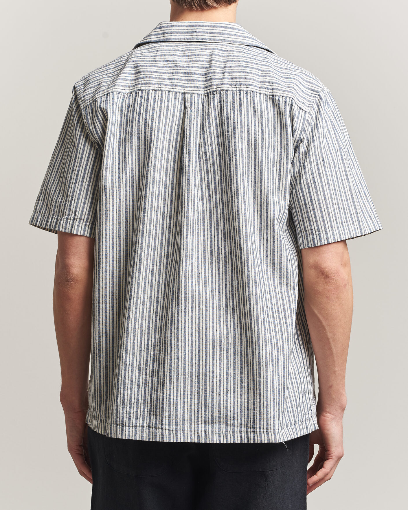 Herren | Hemden | LES DEUX | Stripe Cotton/Linen Short Sleeve Shirt Dark Blue