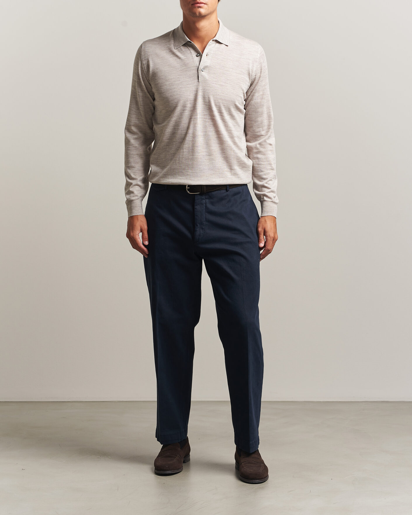 Herren | Pullover | Fedeli | 140s Fine Wool Long Sleeve Polo Beige Melange