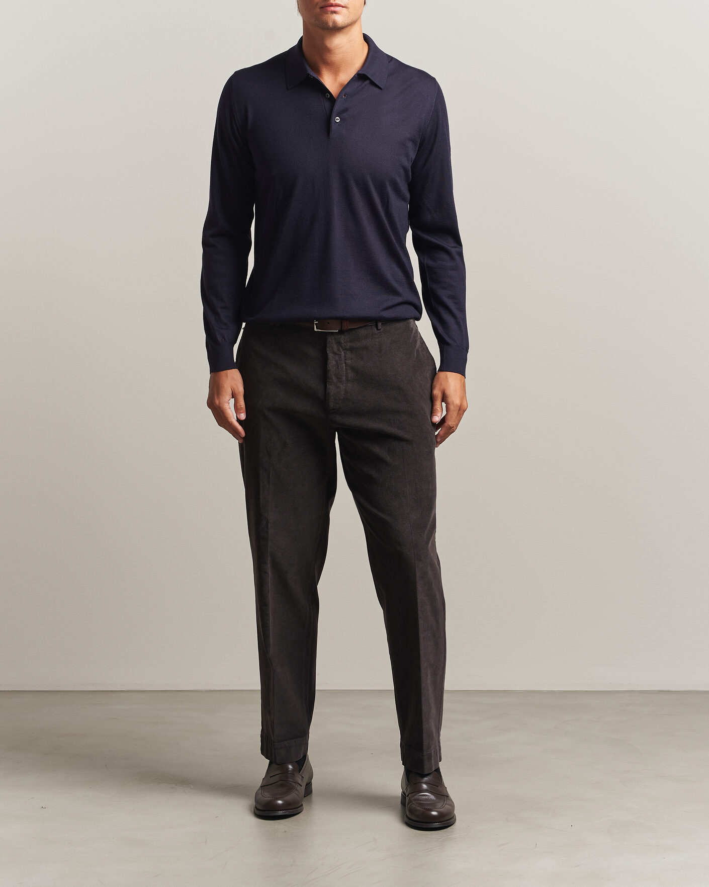 Herren | Pullover | Fedeli | 140s Fine Wool Long Sleeve Polo Navy