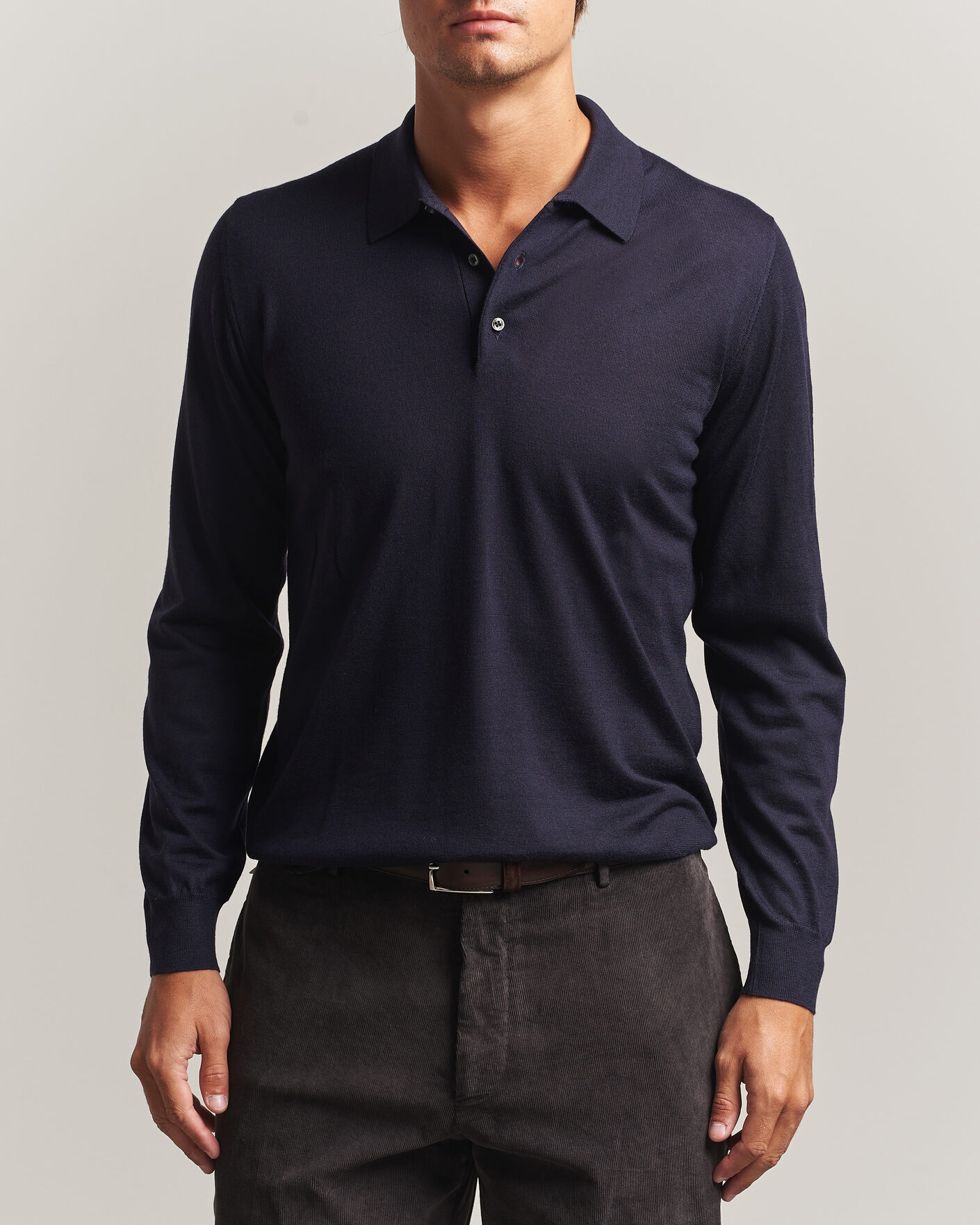 Herren | Pullover | Fedeli | 140s Fine Wool Long Sleeve Polo Navy