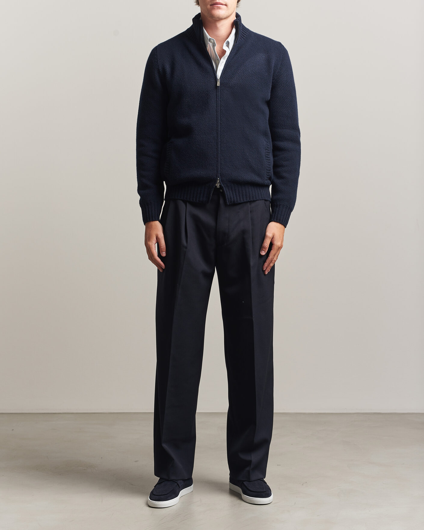 Herren | Pullover | Fedeli | Wool/Cashmere Honeycomb Full Zip Navy