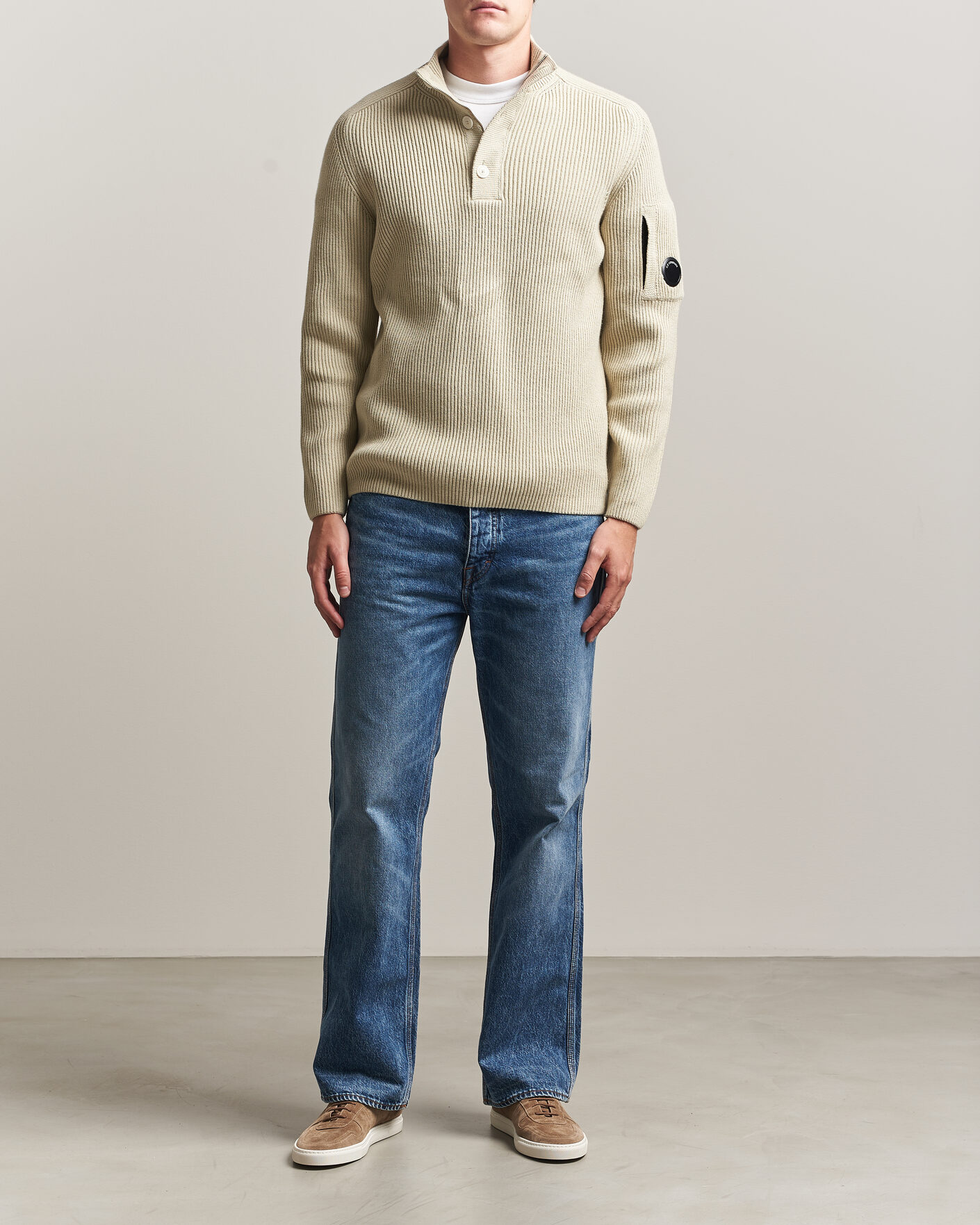 Herren | Pullover | C.P. Company | Full Rib Knitted Cotton Half Button Light Grey