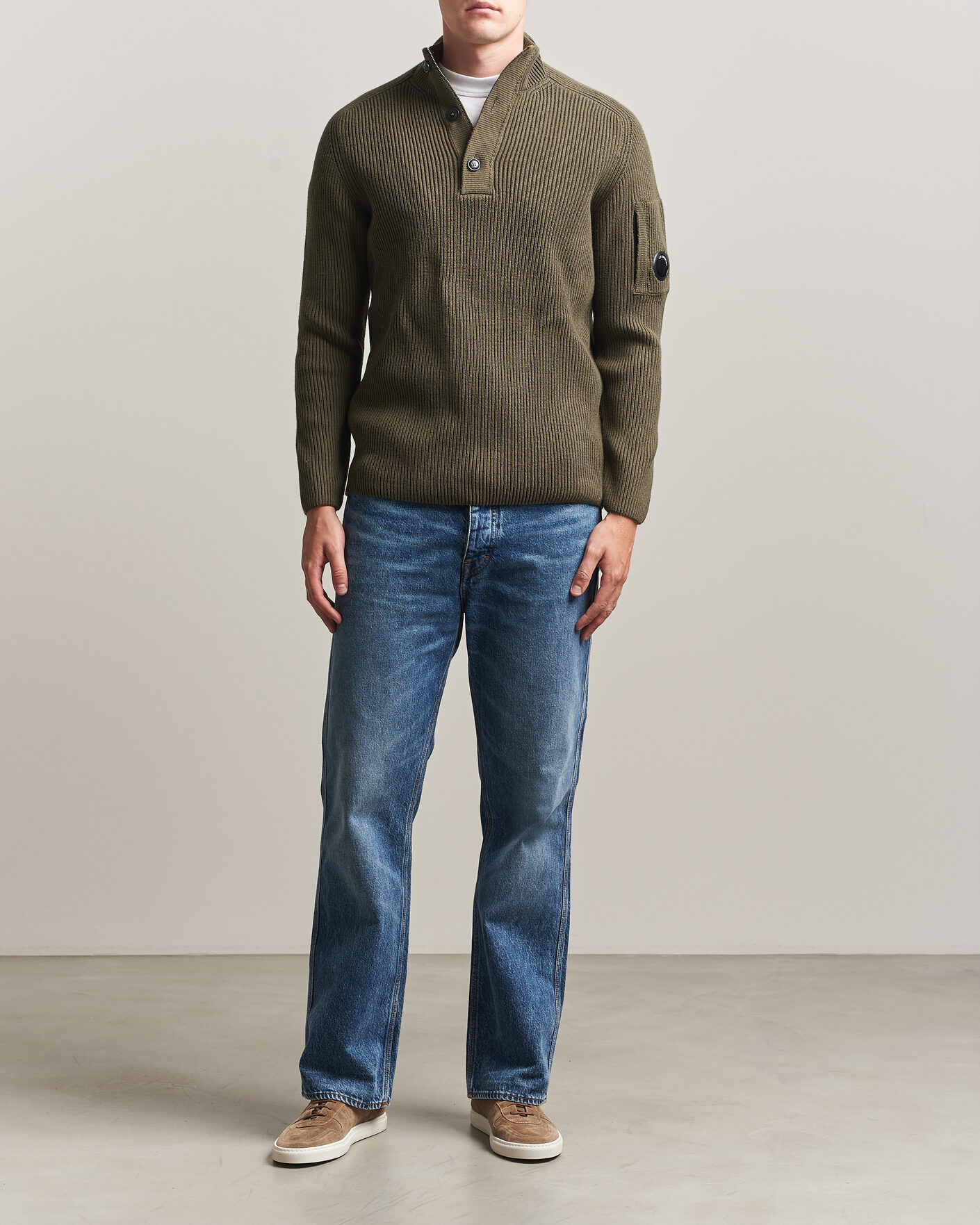 Herren | Pullover | C.P. Company | Full Rib Knitted Cotton Half Button Dark Green