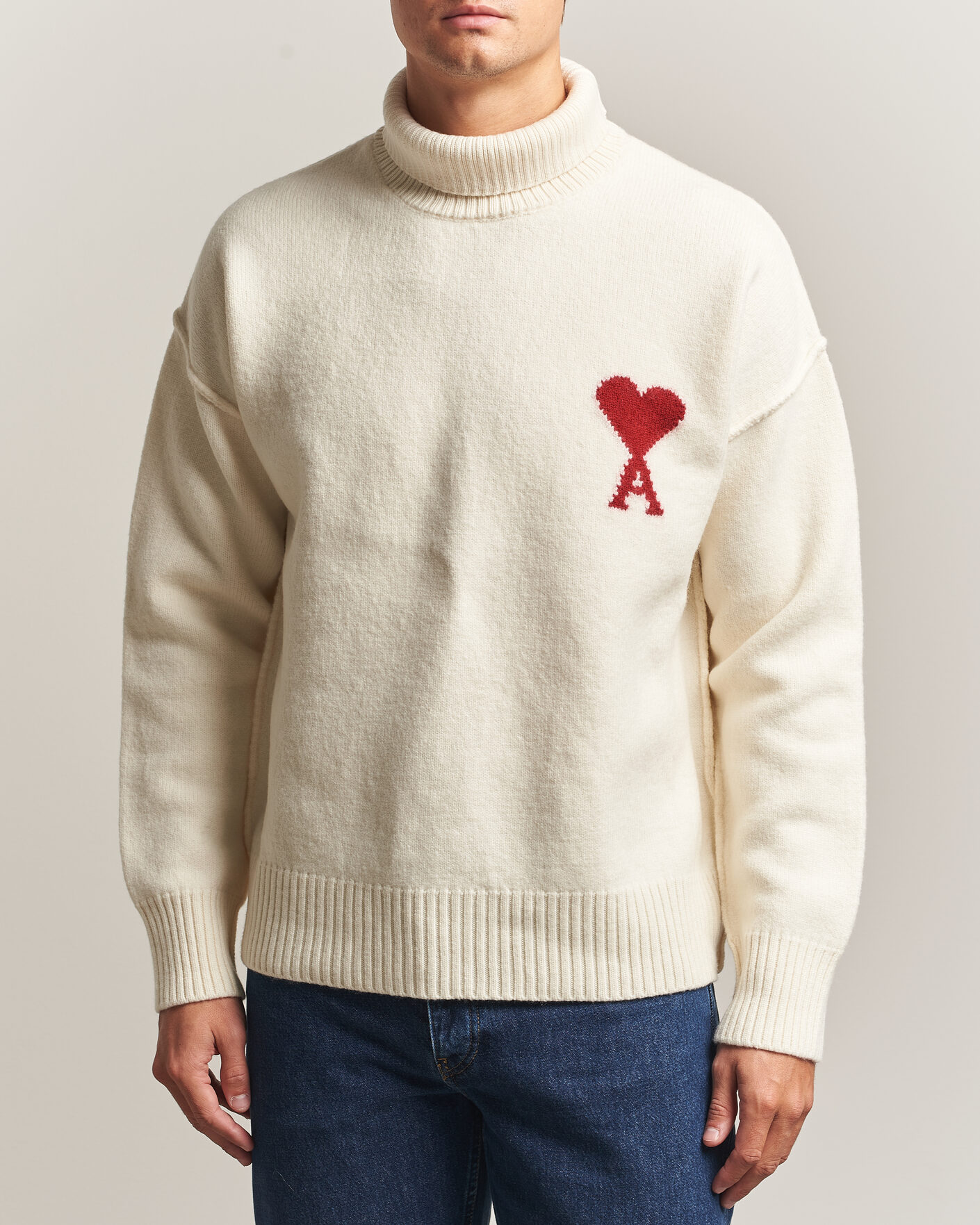 Herren | Pullover | AMI | Big Heart Logo Wool Knitted Polo Ecru