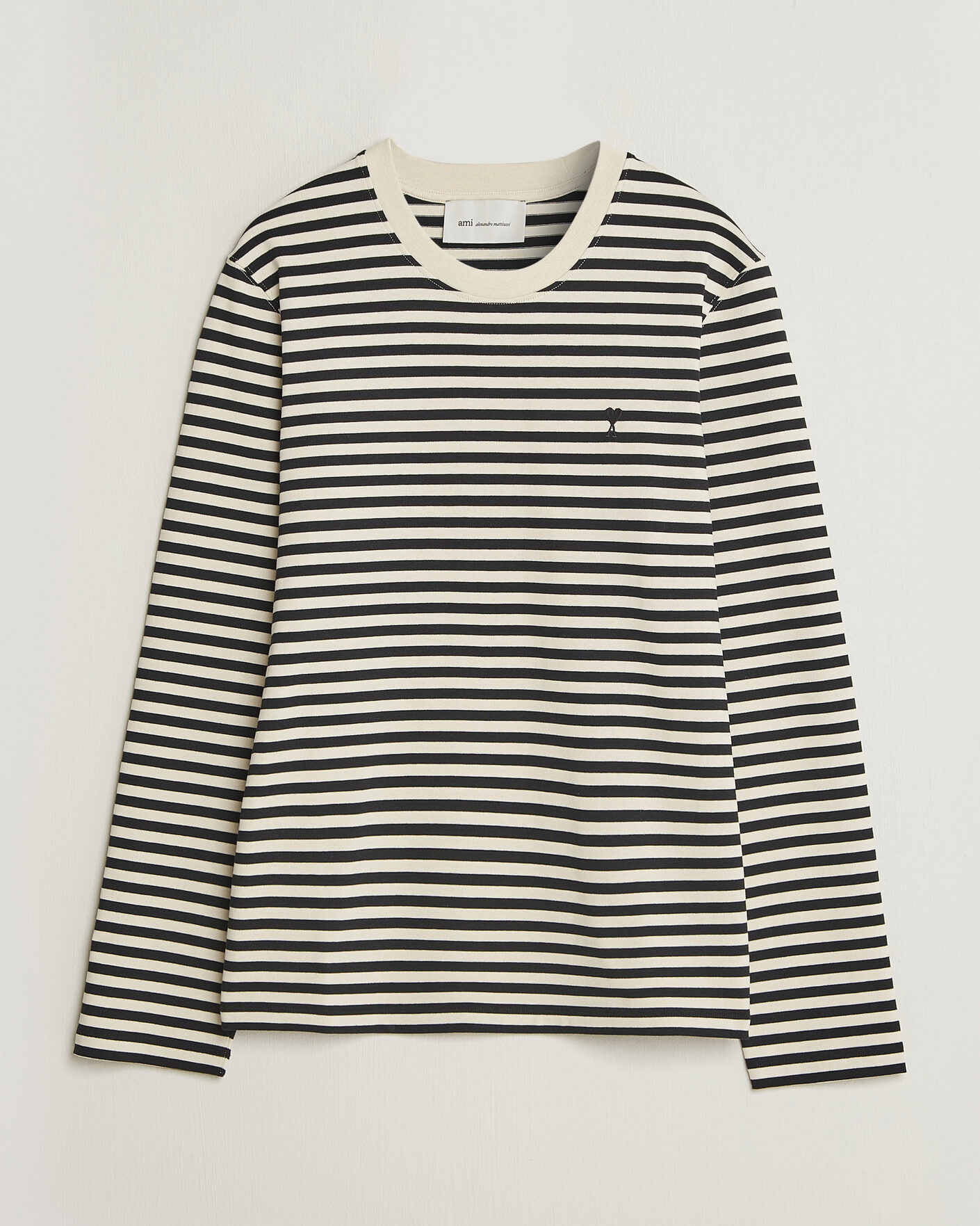 Herren | T-Shirts | AMI | Black Heart Logo Striped Long Sleeve T-Shirt Black/Ivory