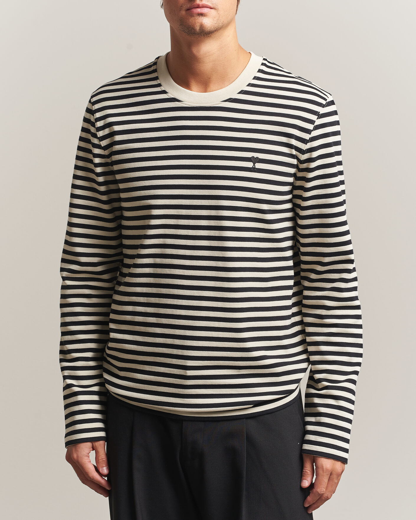 Herren | T-Shirts | AMI | Black Heart Logo Striped Long Sleeve T-Shirt Black/Ivory