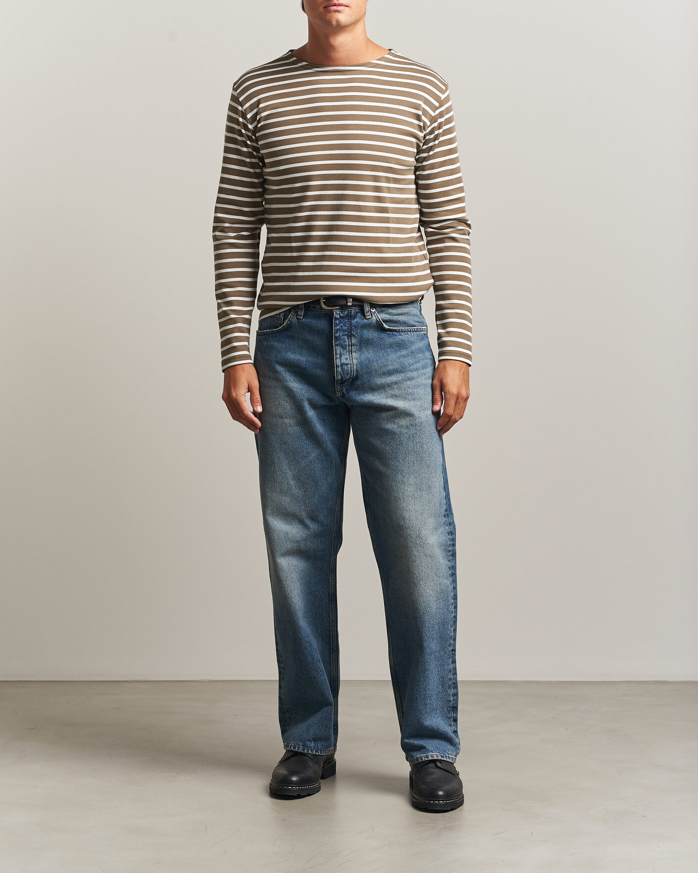 Herren | T-Shirts | Armor-lux | Houat Héritage Stripe Long Sleeve T-Shirt Olive/Milk