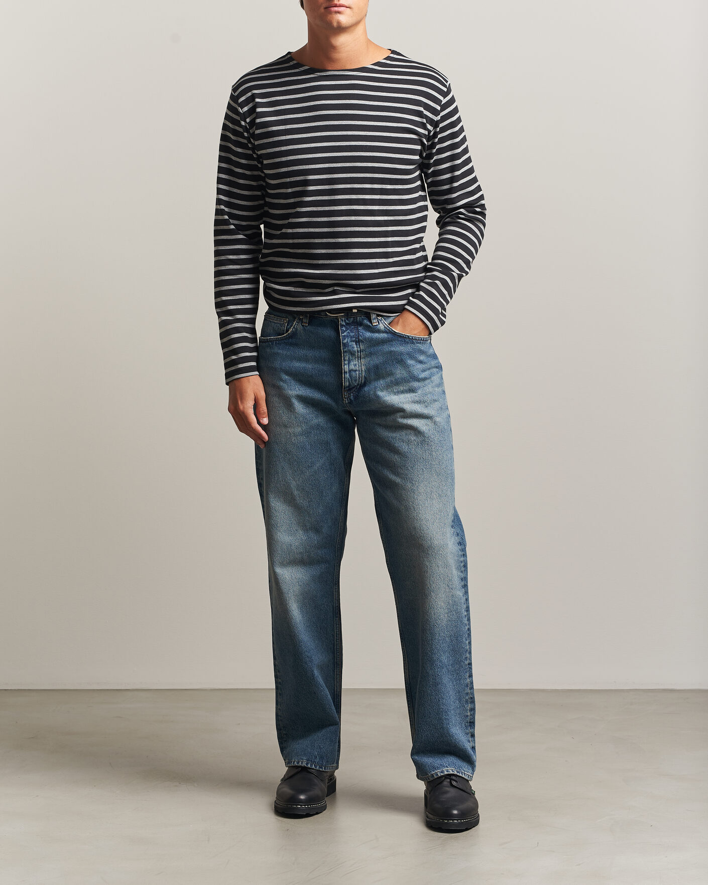 Herren | T-Shirts | Armor-lux | Houat Héritage Stripe Long Sleeve T-Shirt Black/Grey