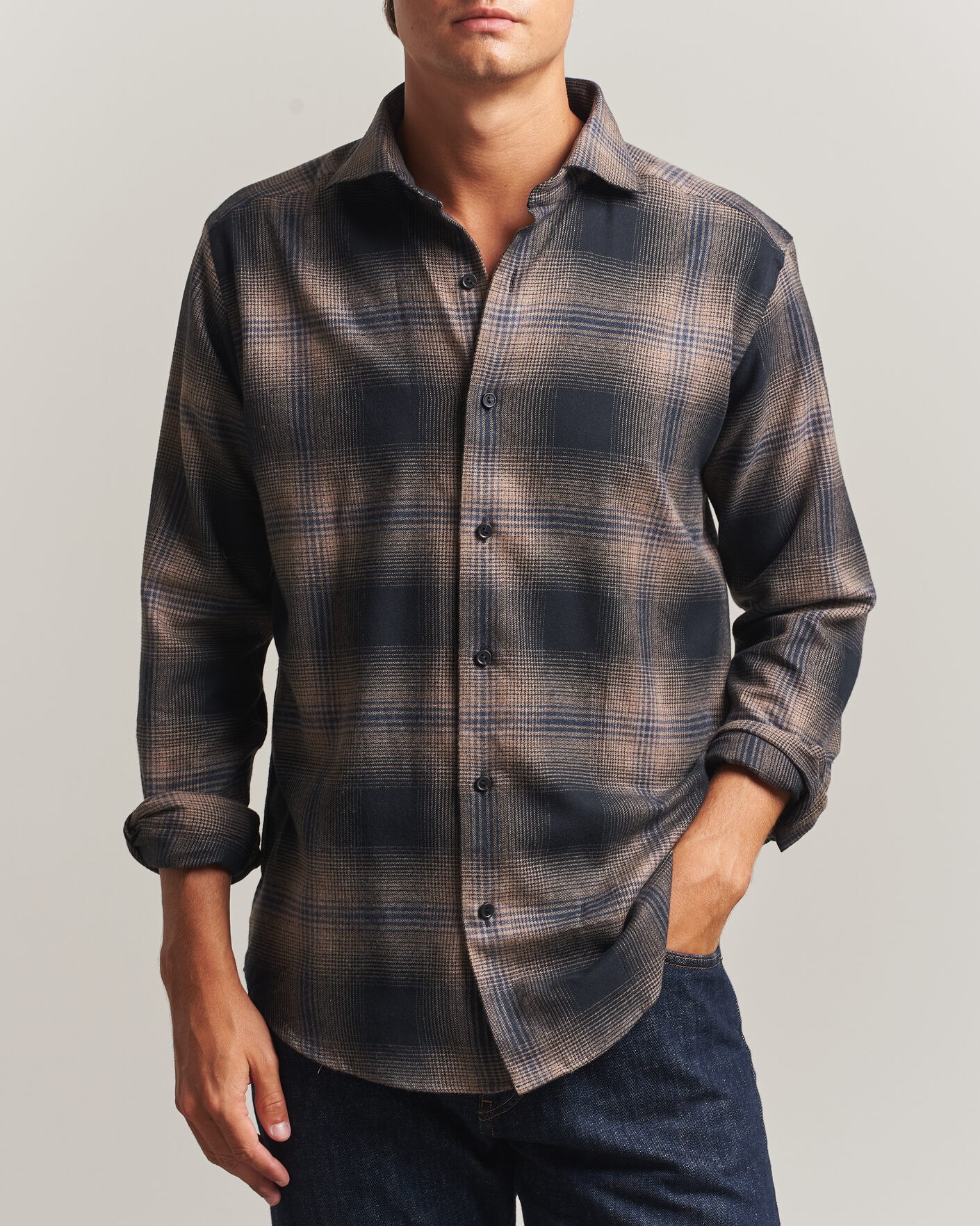 Herren | Hemden | Eton | Casual Fit Checked Flannel Shirt Navy Blue