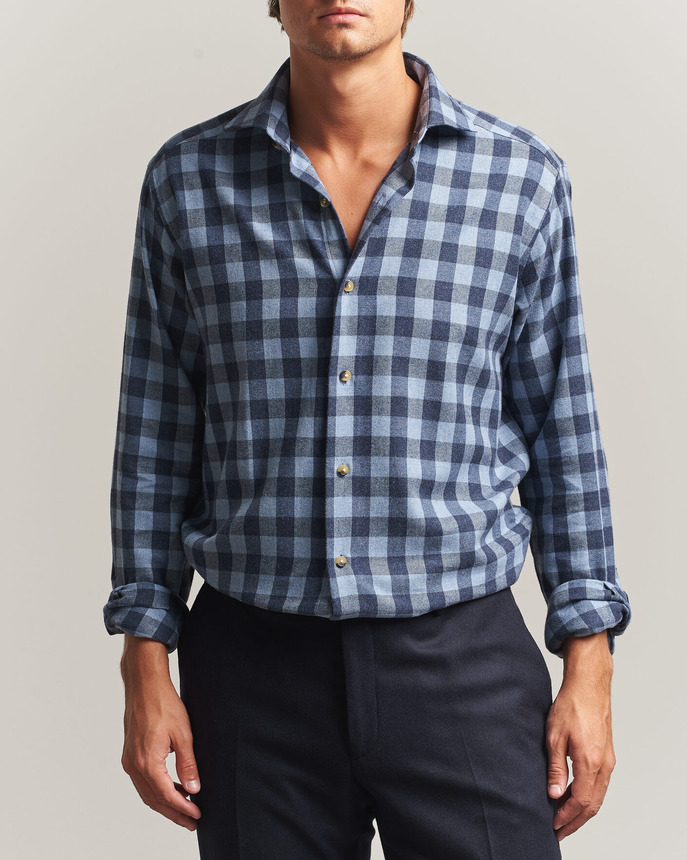 Herren | Hemden | Eton | Casual Fit Checked Flannel Shirt Mid Blue