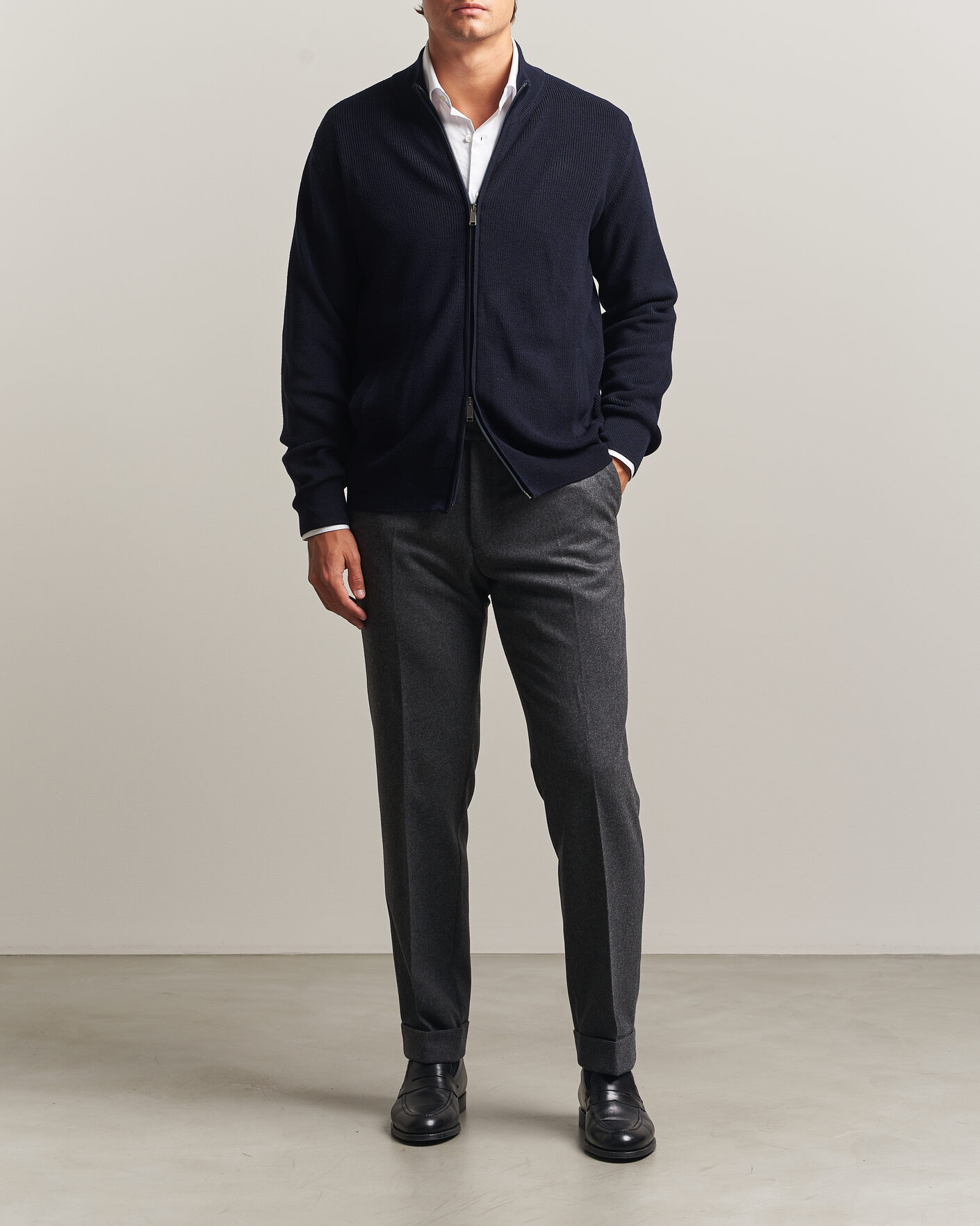 Herren | Pullover | Eton | Merino Wool Knitted Full Zip Navy Blue