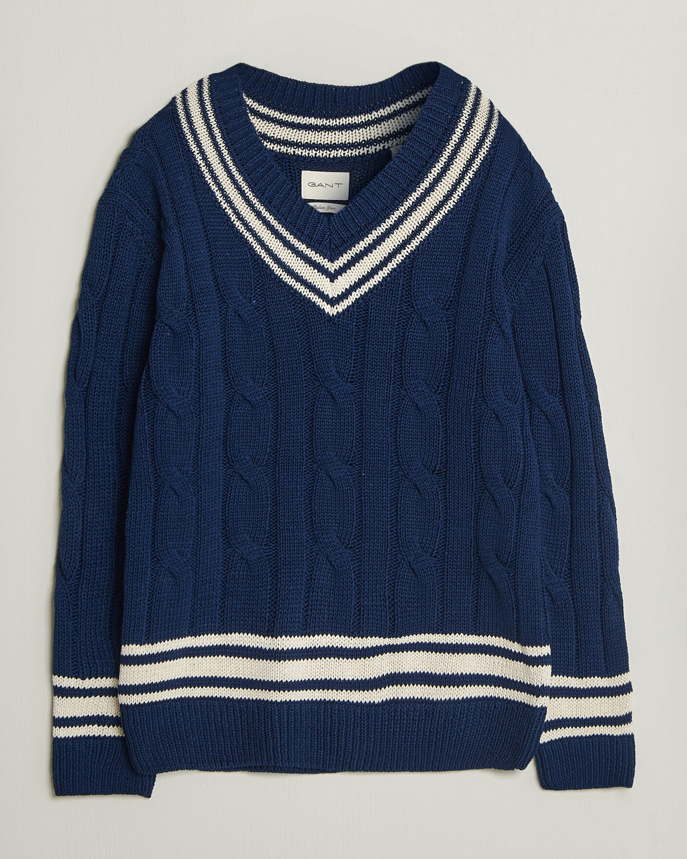 Herren | Pullover | Gant | Mercerized Cotton Knitted Cable V-Neck Persian Blue