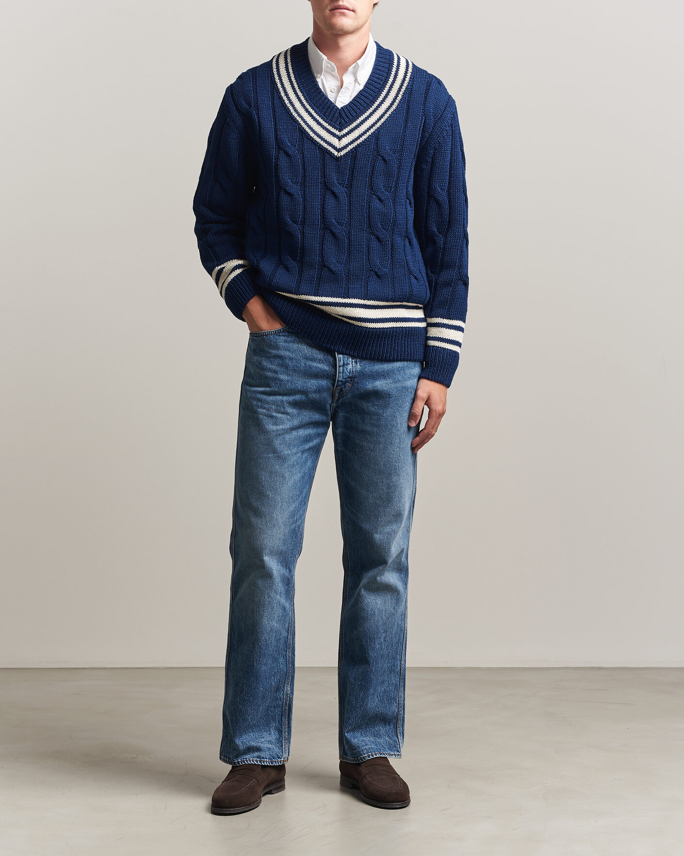 Herren | Pullover | Gant | Mercerized Cotton Knitted Cable V-Neck Persian Blue