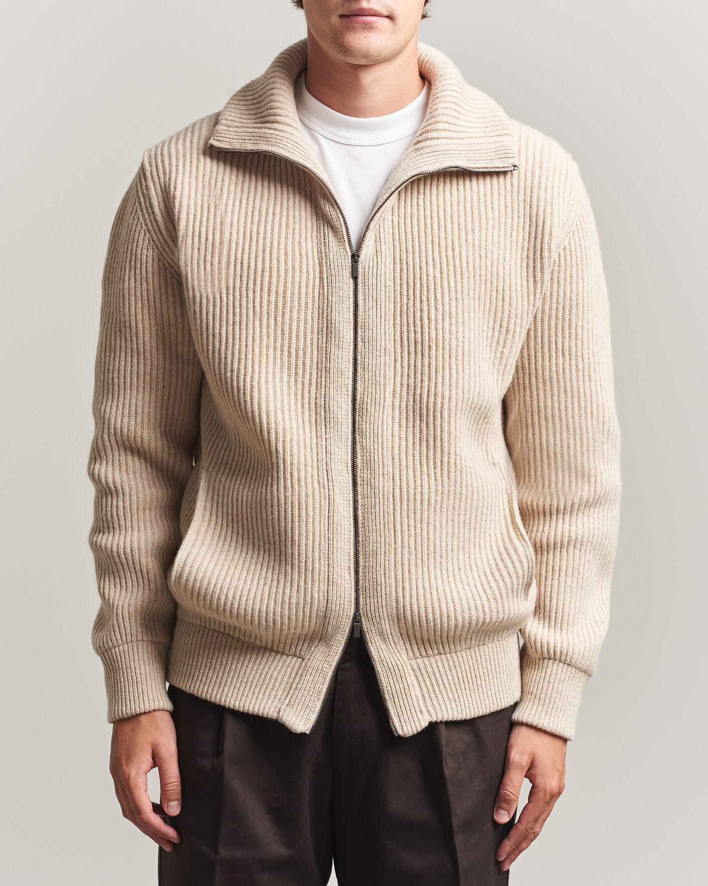 Herren | Pullover | Altea | Rib Wool Bomber Cardigan Beige