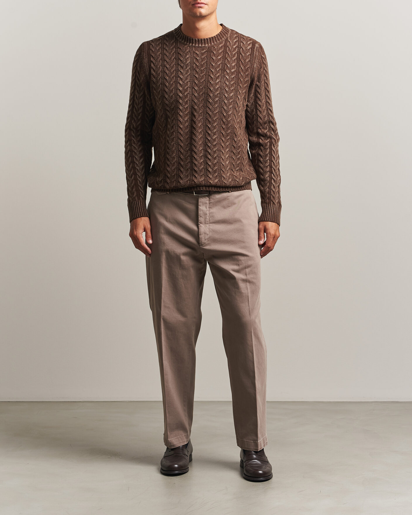 Herren | Pullover | Morgano | Cable Knitted Brushed Dyed Wool Crew Brown