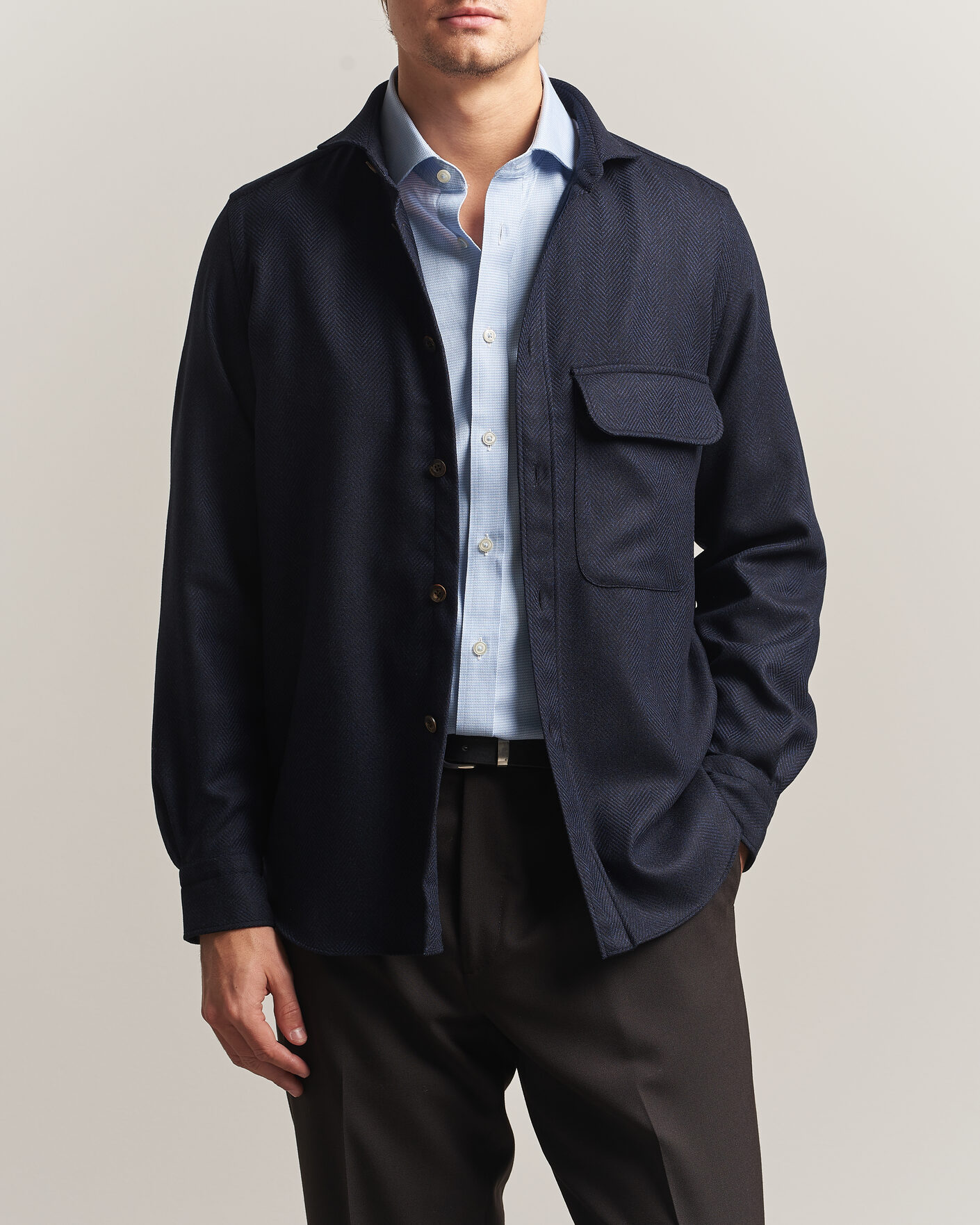 Herren | Hemden | Finamore Napoli | Wool Herringbone Overshirt Navy