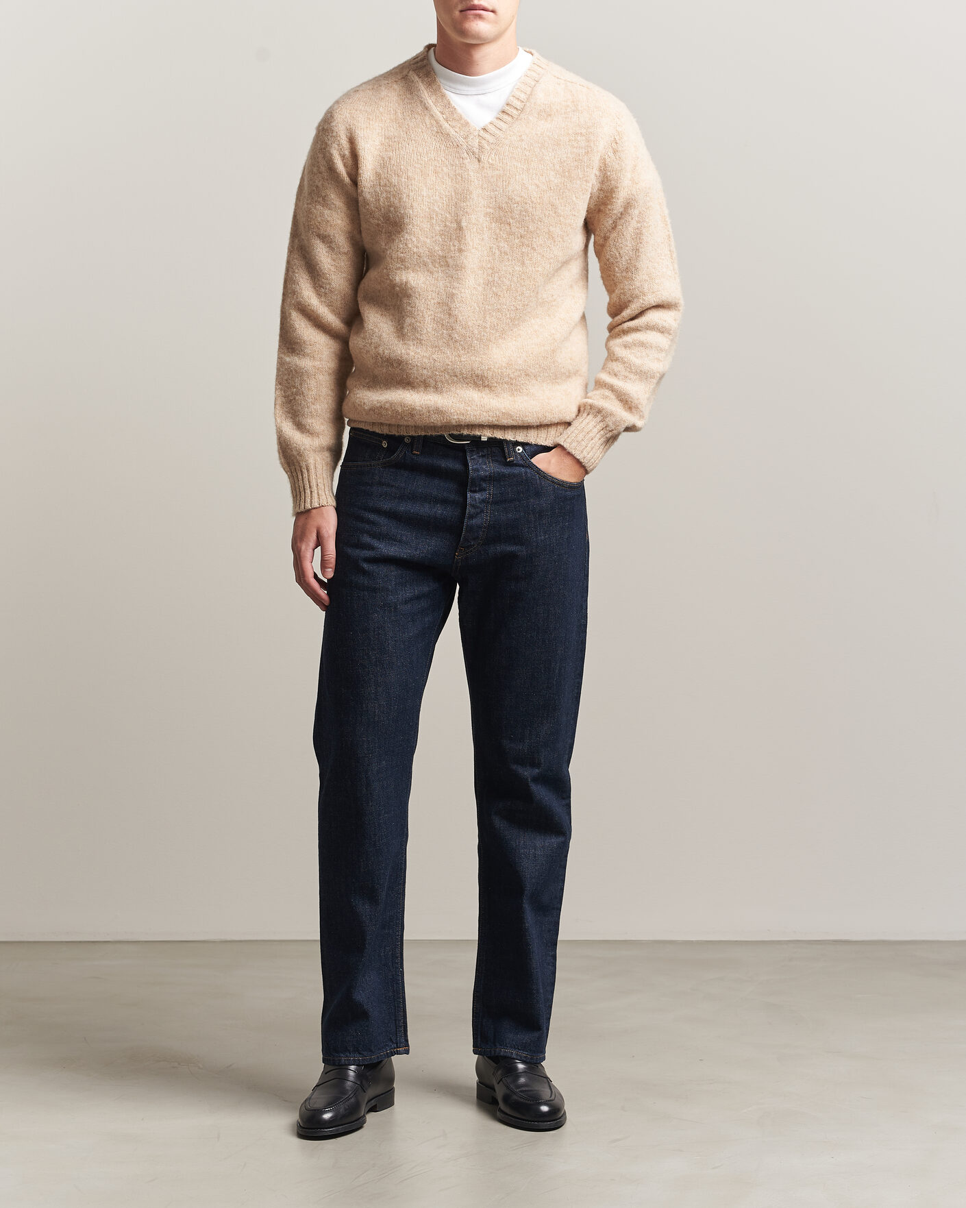 Herren | Pullover | Harley Of Scotland for Care of Carl | Brushed Supersoft Lambswool V-Neck Beige