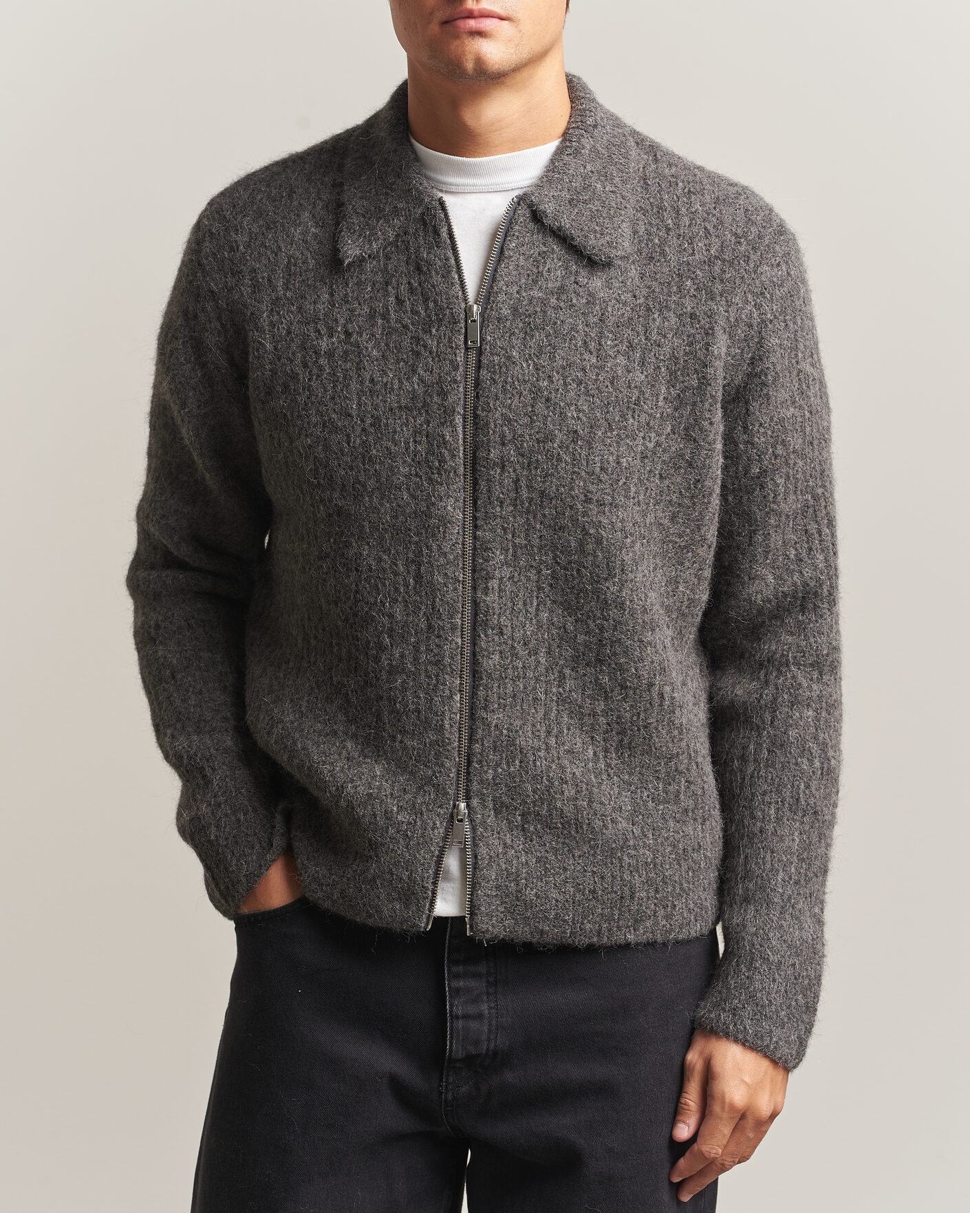Herren | Pullover | Samsøe Samsøe | Job Alpaca Knitted Full Zip Dark Grey Melange