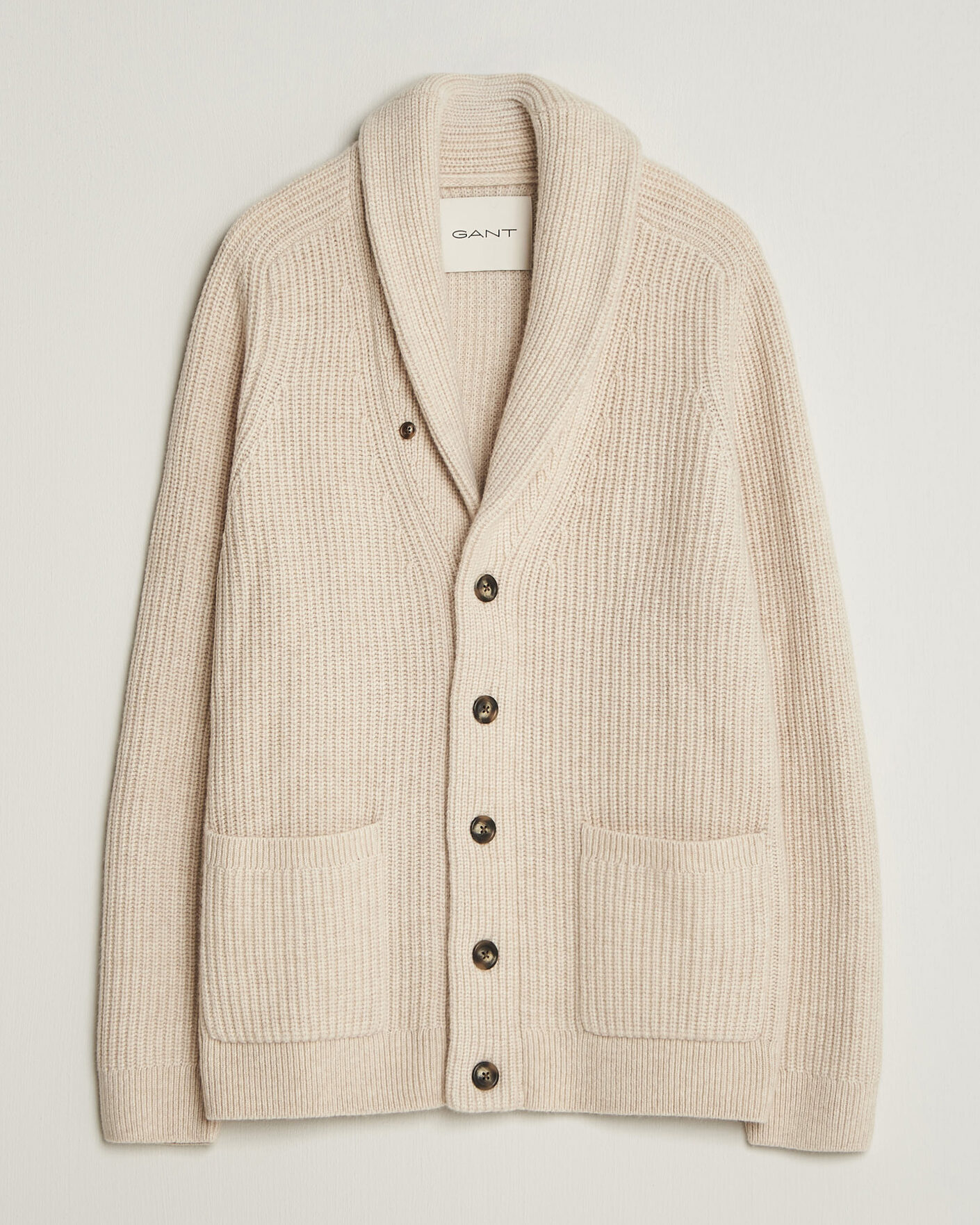 Herren | Pullover | Gant | Wool/Cotton Ribbed Shawl Collar Cardigan Light Beige