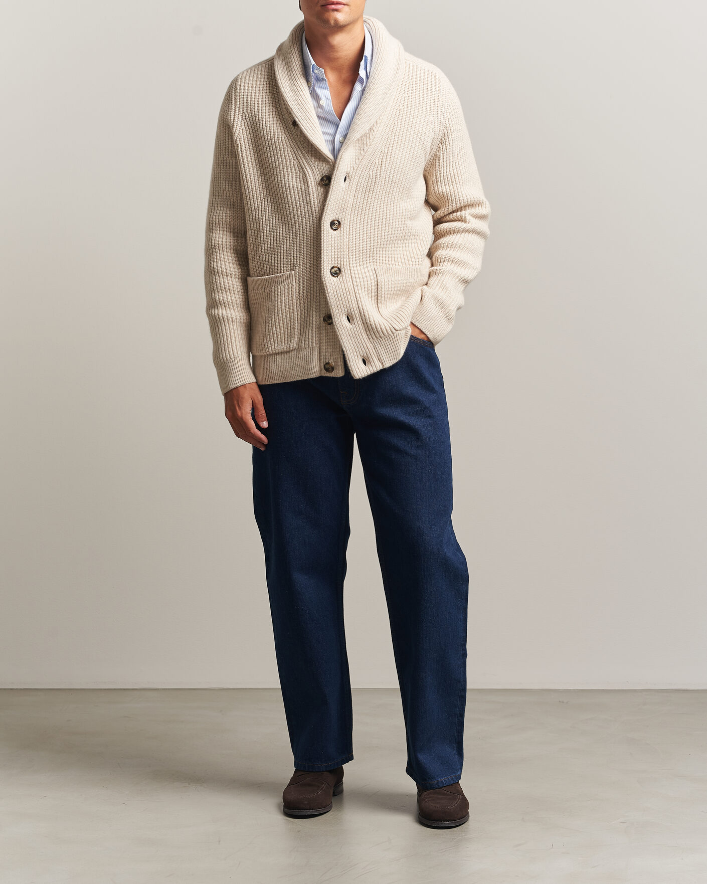 Herren | Pullover | Gant | Wool/Cotton Ribbed Shawl Collar Cardigan Light Beige