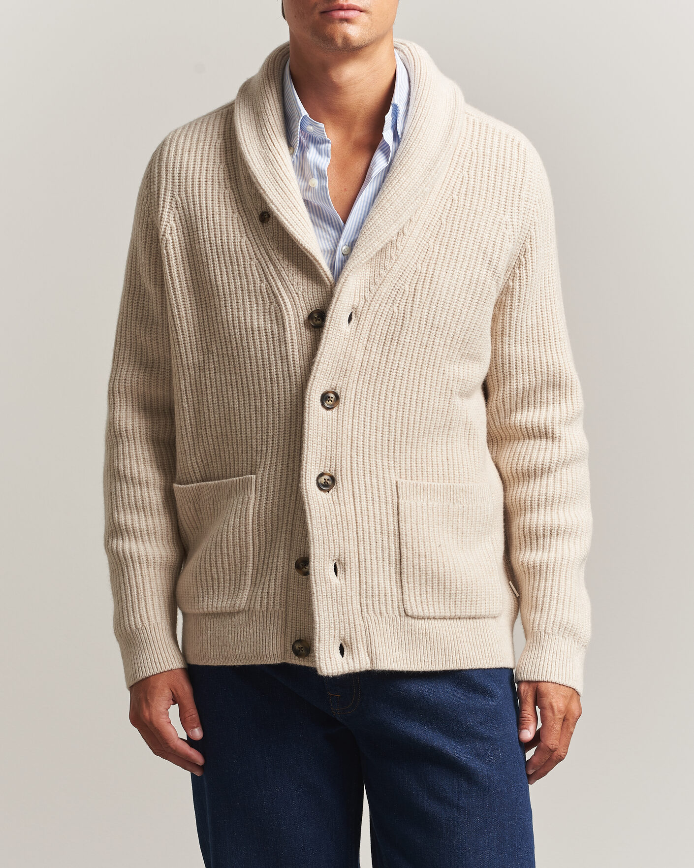 Herren | Pullover | Gant | Wool/Cotton Ribbed Shawl Collar Cardigan Light Beige