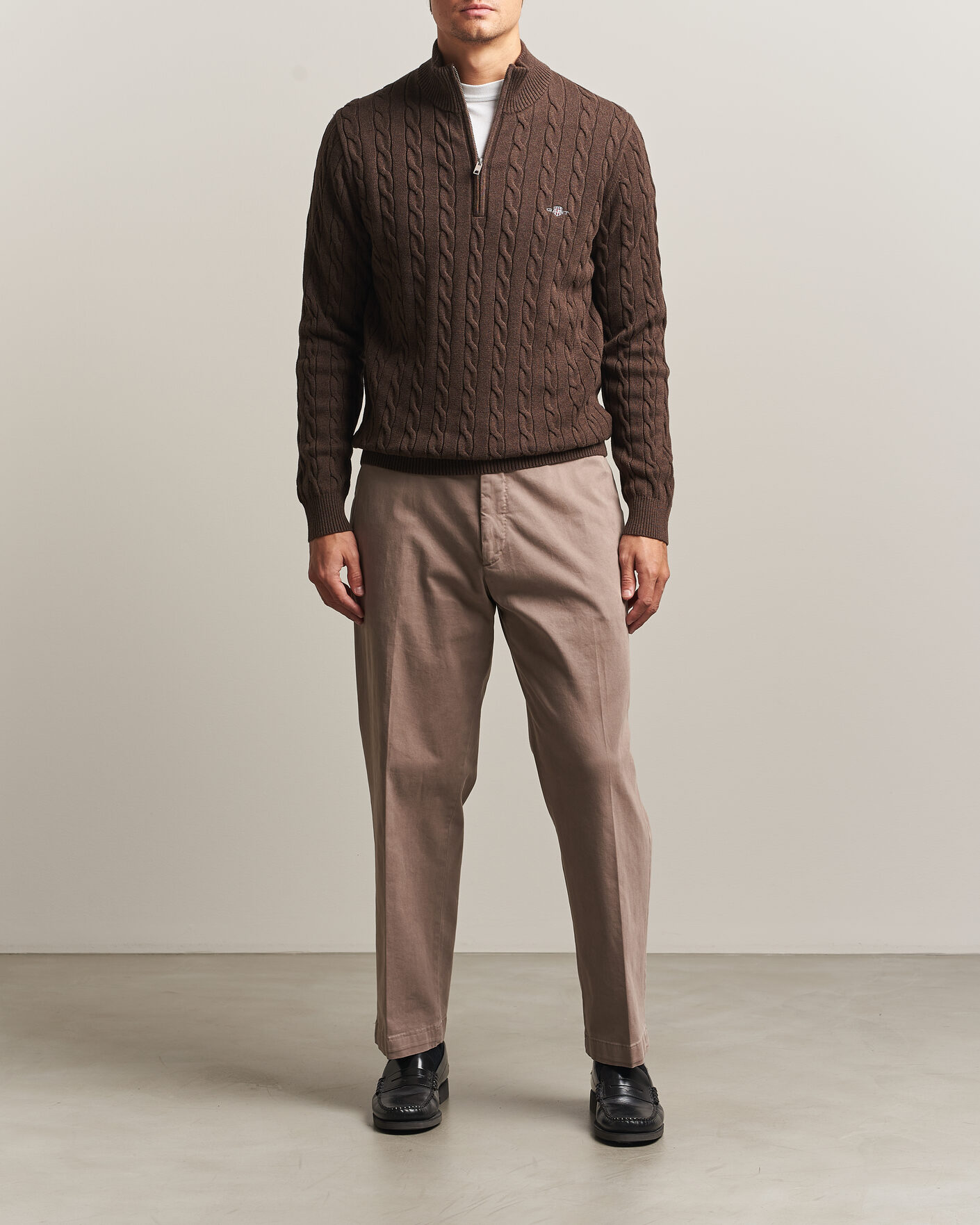 Herren | Pullover | Gant | Cotton Cable Half Zip Black Brown Melange