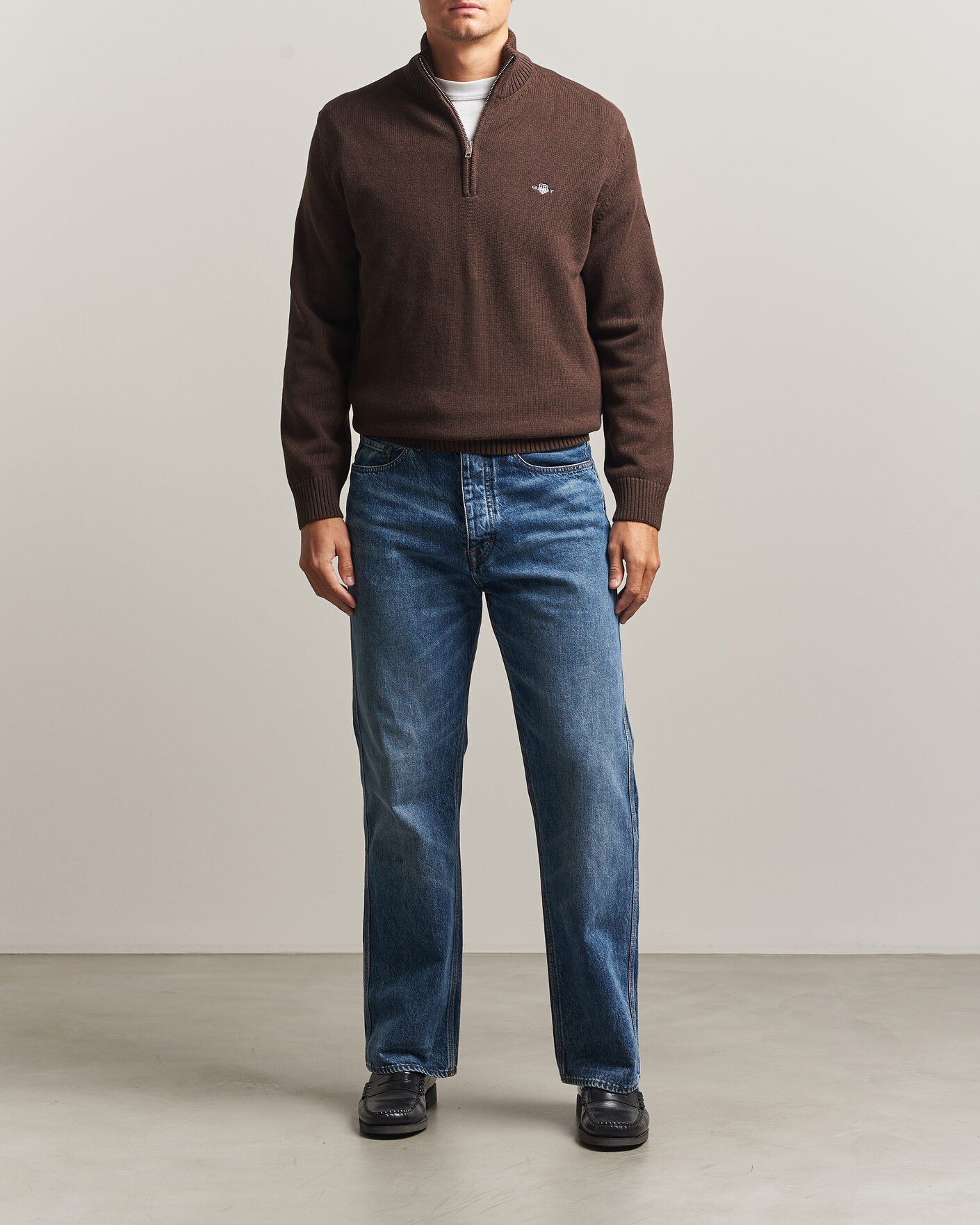 Herren | Pullover | Gant | Casual Cotton Half Zip Black Brown Melange