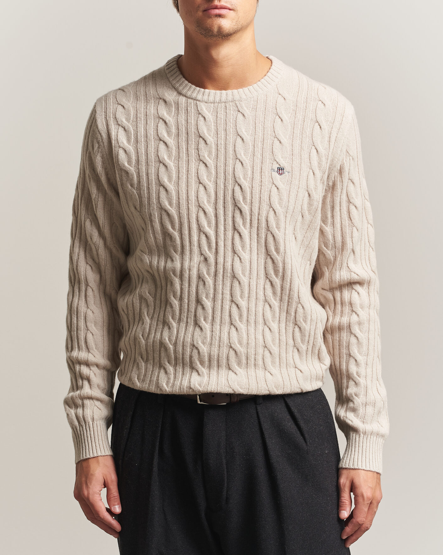 Herren | Pullover | Gant | Lambswool Cable Crew Neck Clay Beige