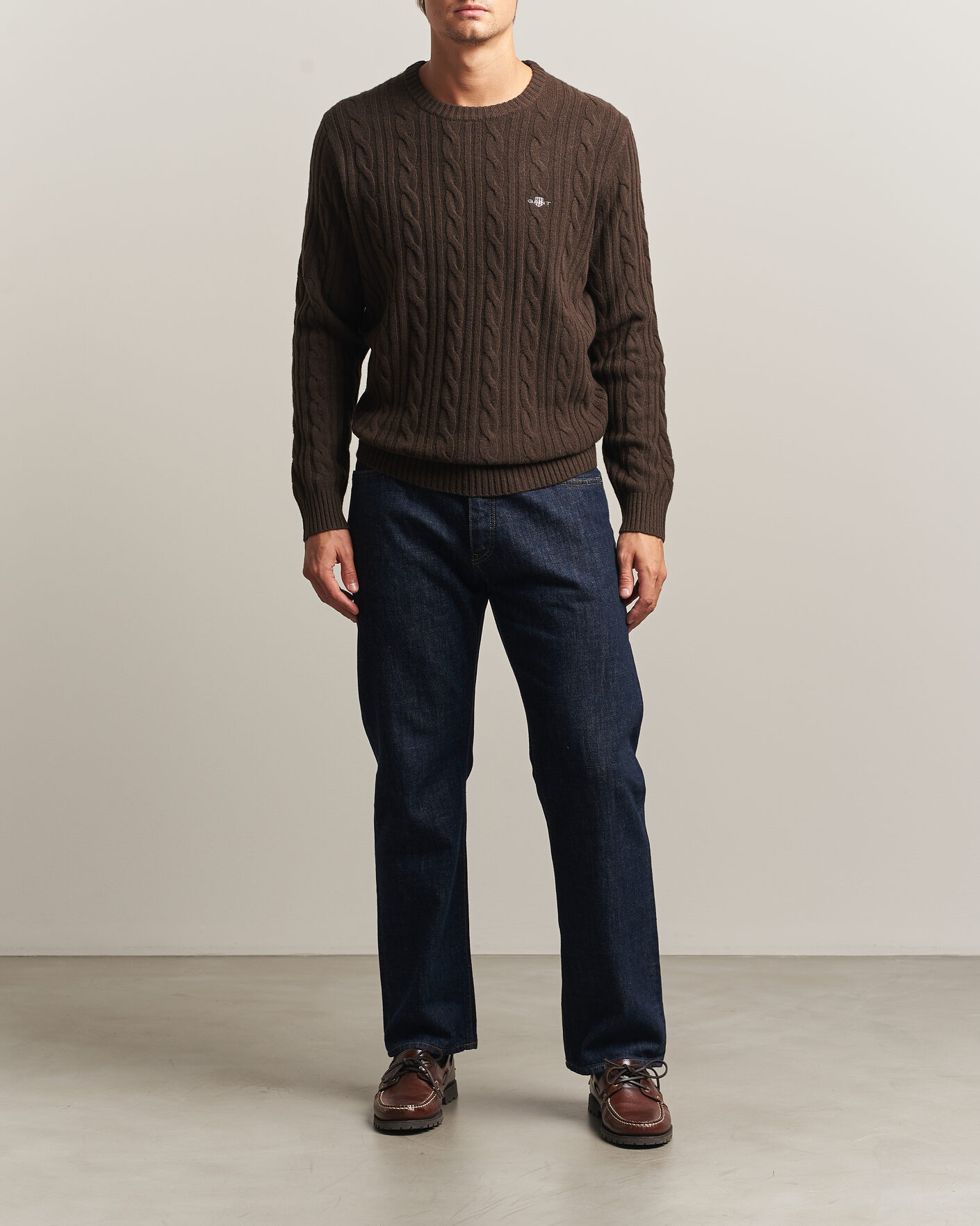 Herren | Pullover | Gant | Lambswool Cable Crew Neck Black Brown