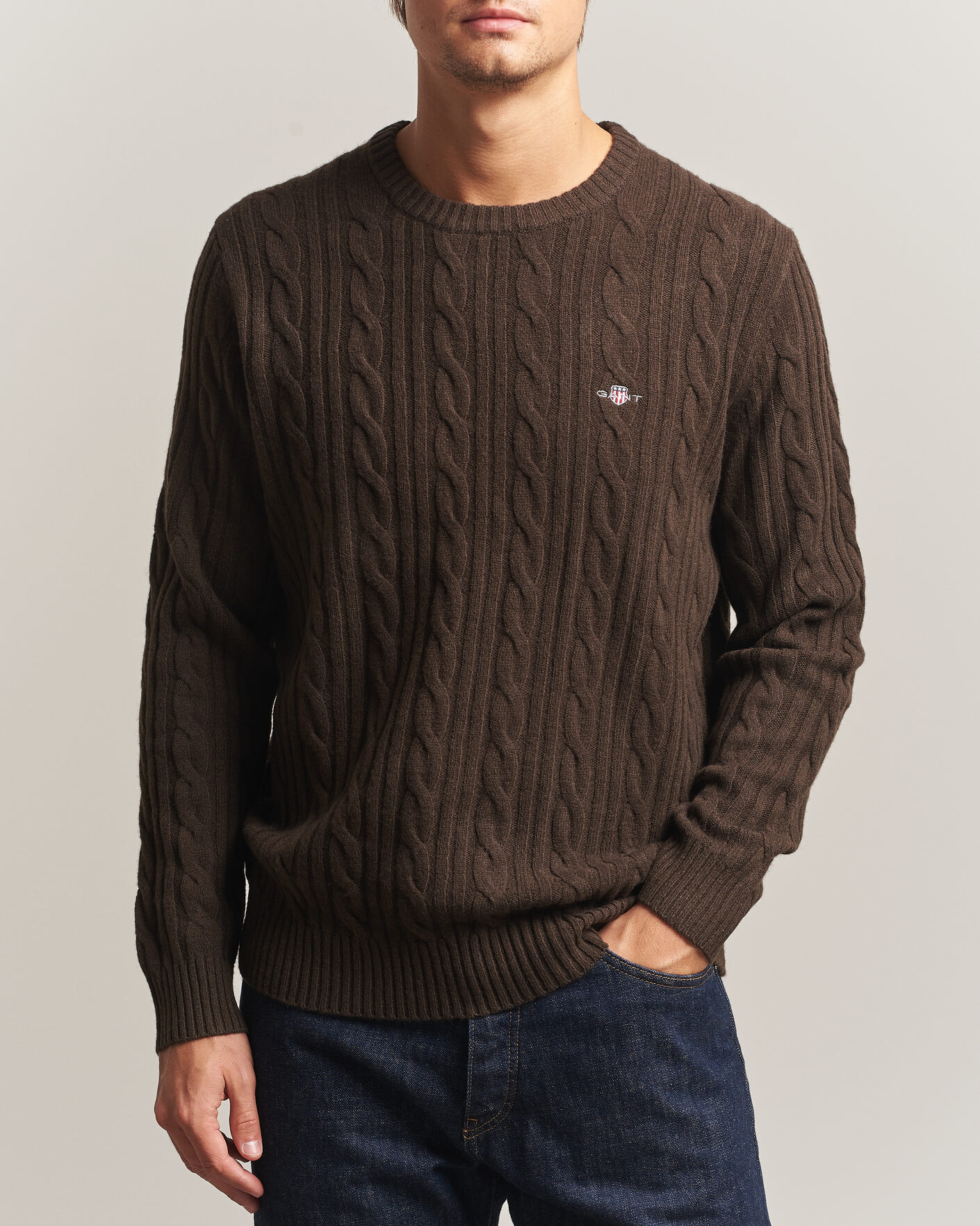 Herren | Pullover | Gant | Lambswool Cable Crew Neck Black Brown