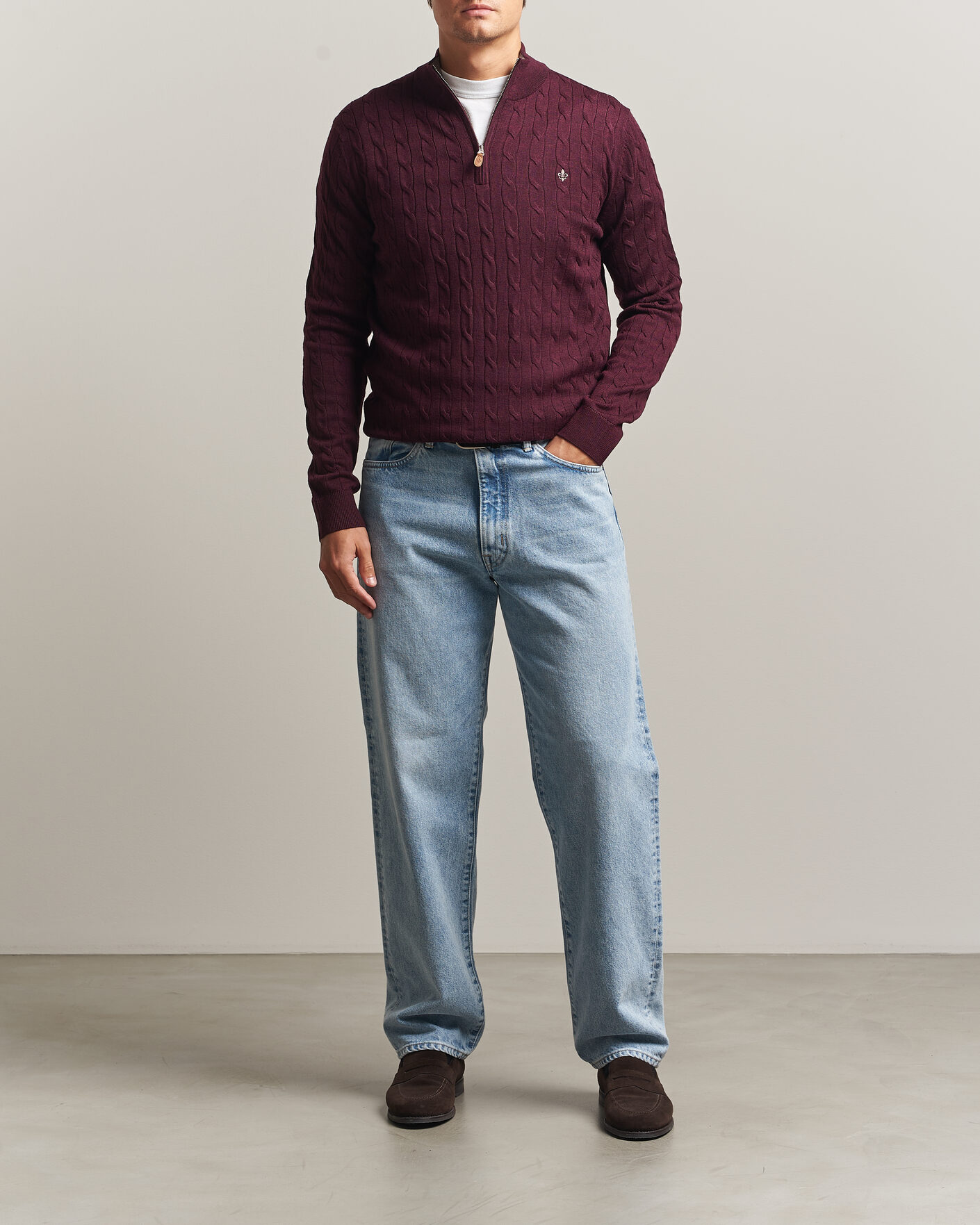 Herren | Pullover | Morris | Merino Cable Half Zip Wine Red