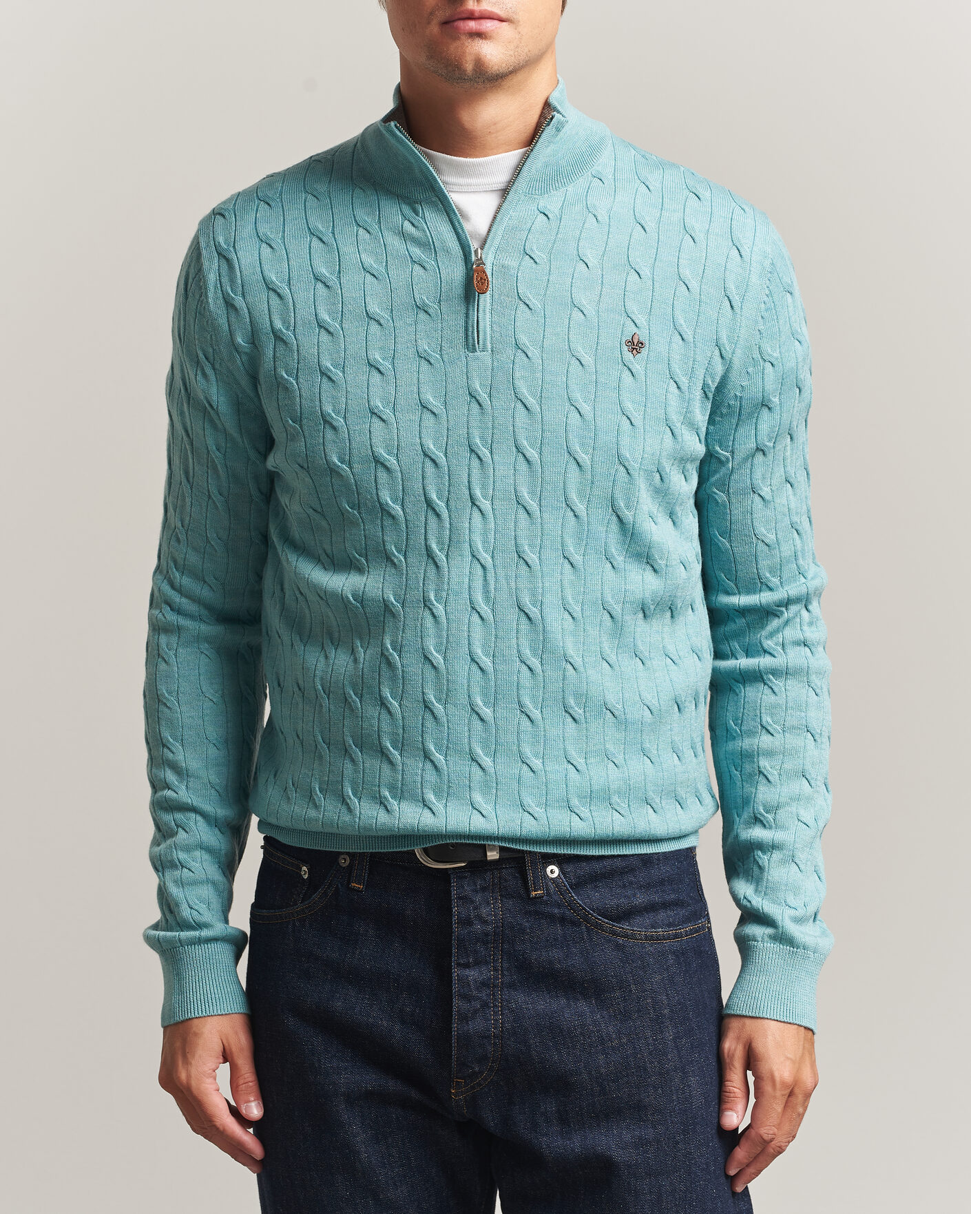 Herren | Pullover | Morris | Merino Cable Half Zip Ocean Blue