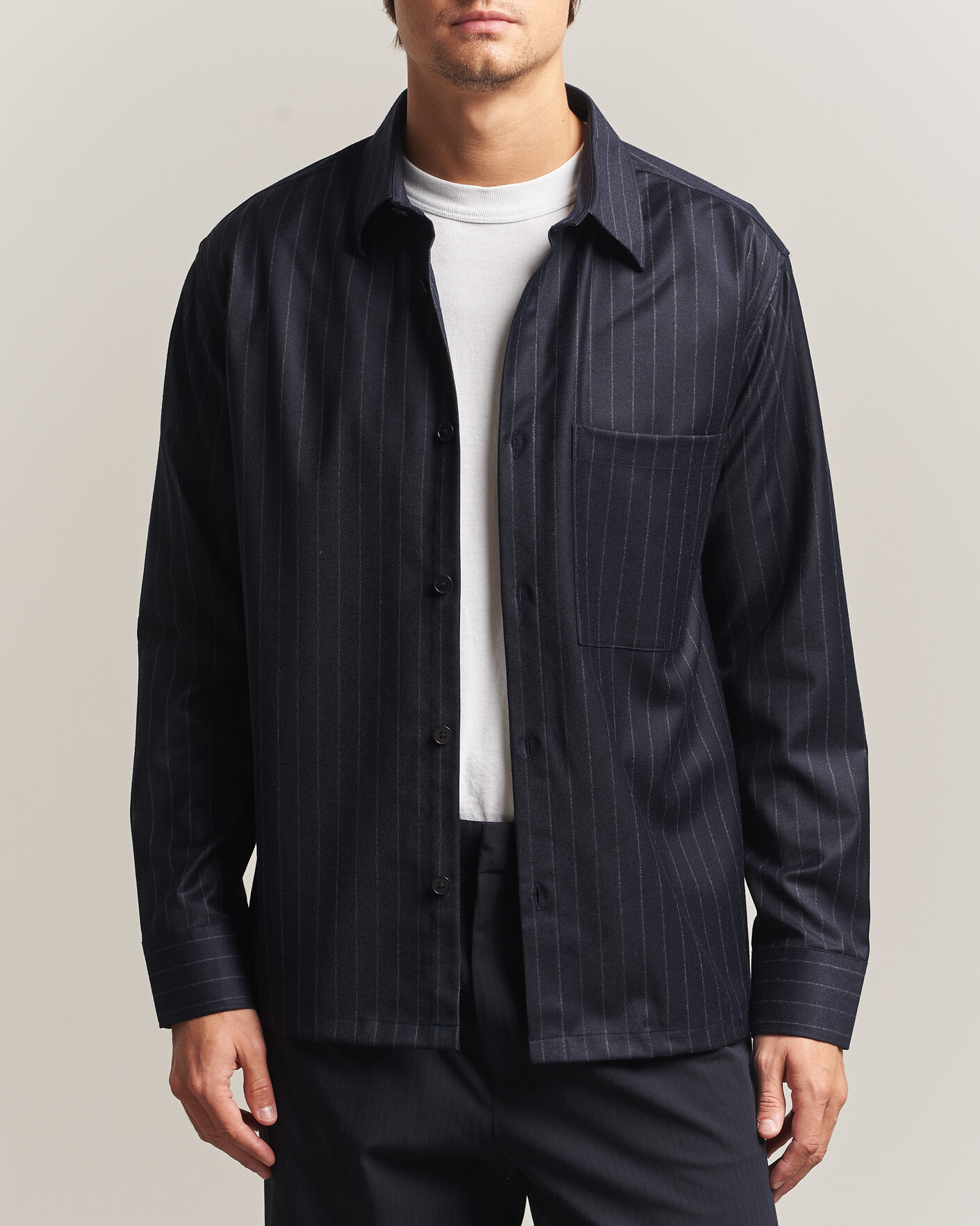 Herren | Hemden | NN07 | Freddy Wool Pinstriped Overshirt Navy
