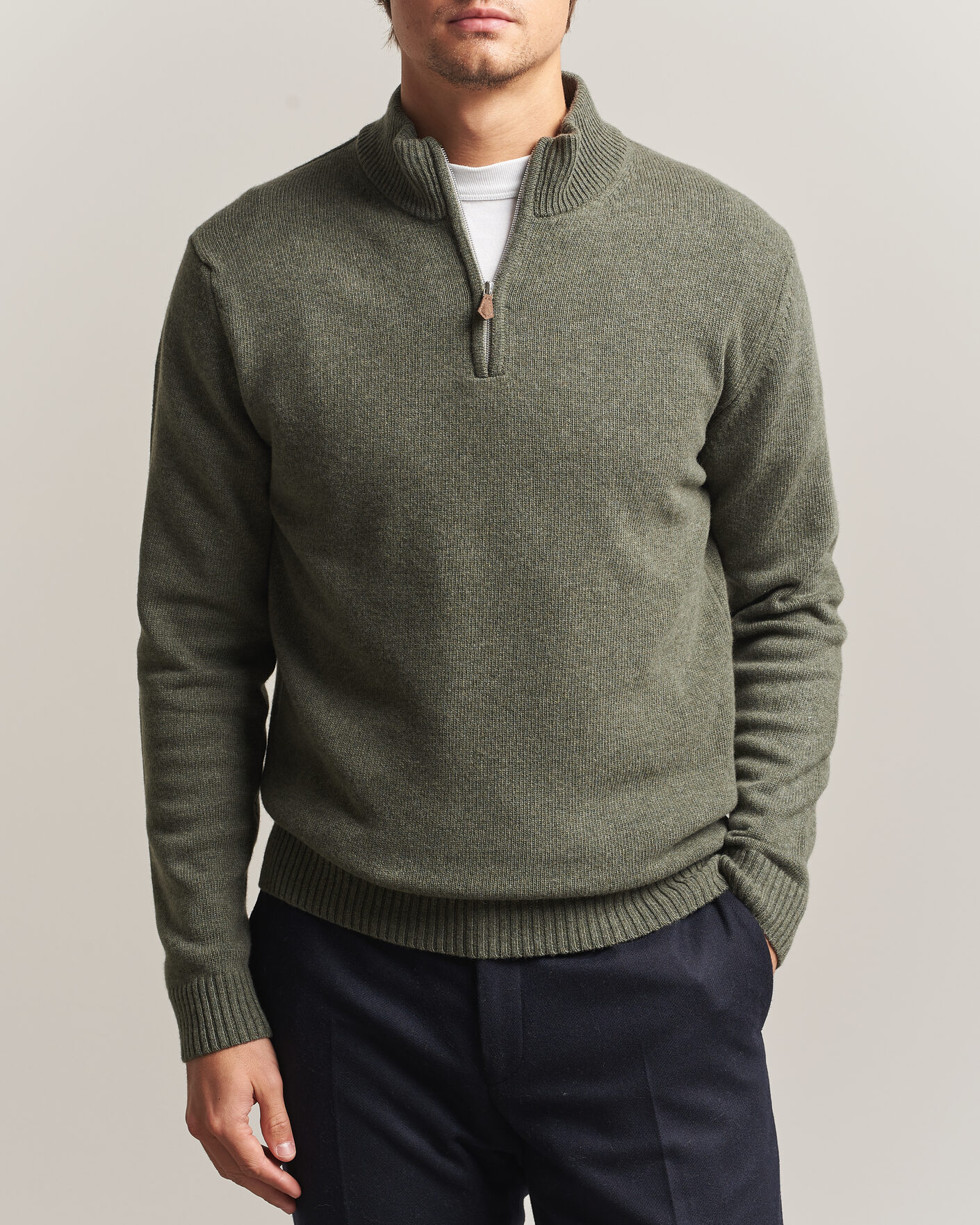 Herren | Pullover | Stenströms | Brushed Merino Half-Zip Green