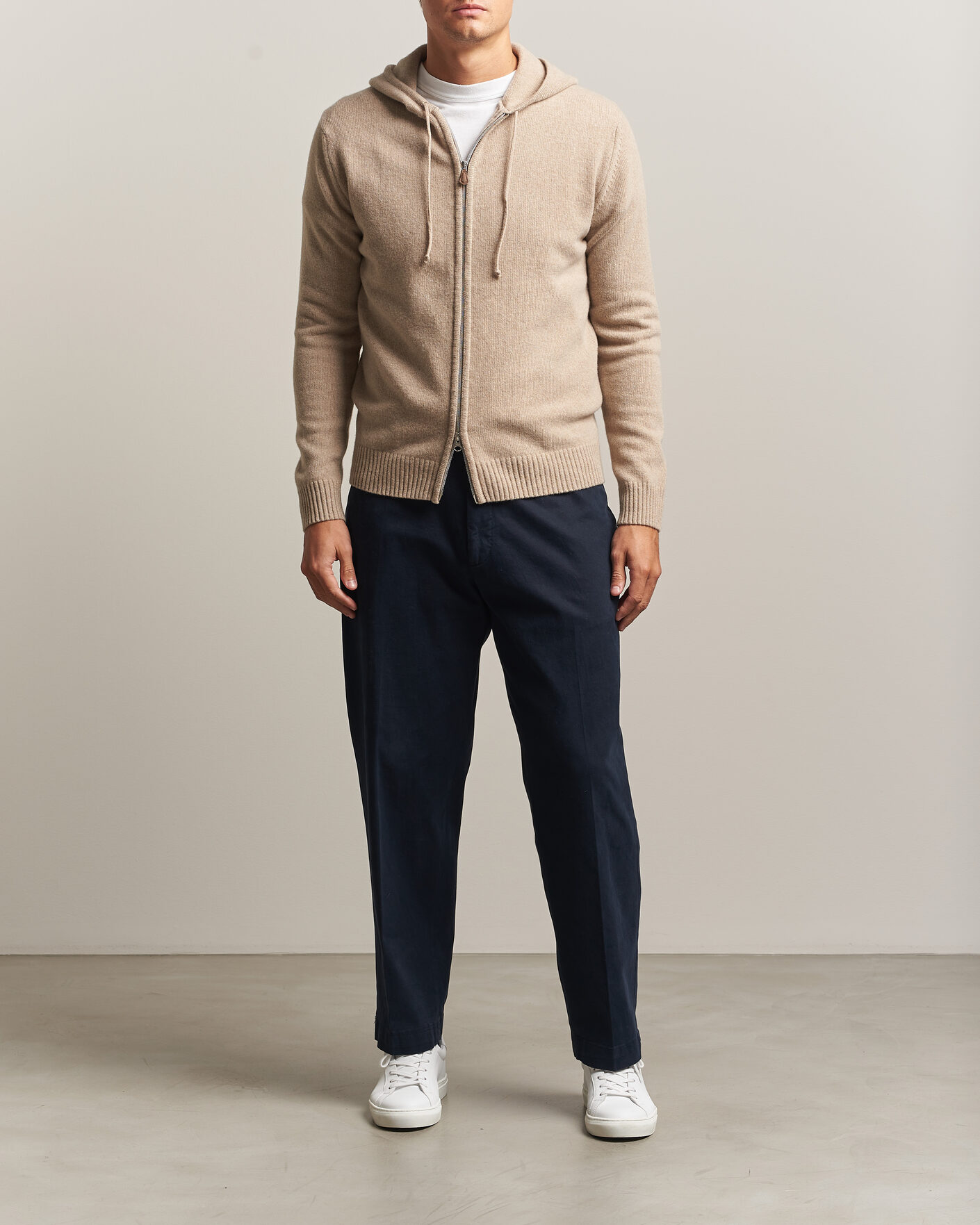 Herren | Pullover | Stenströms | Brushed Merino Full-Zip Hood Beige