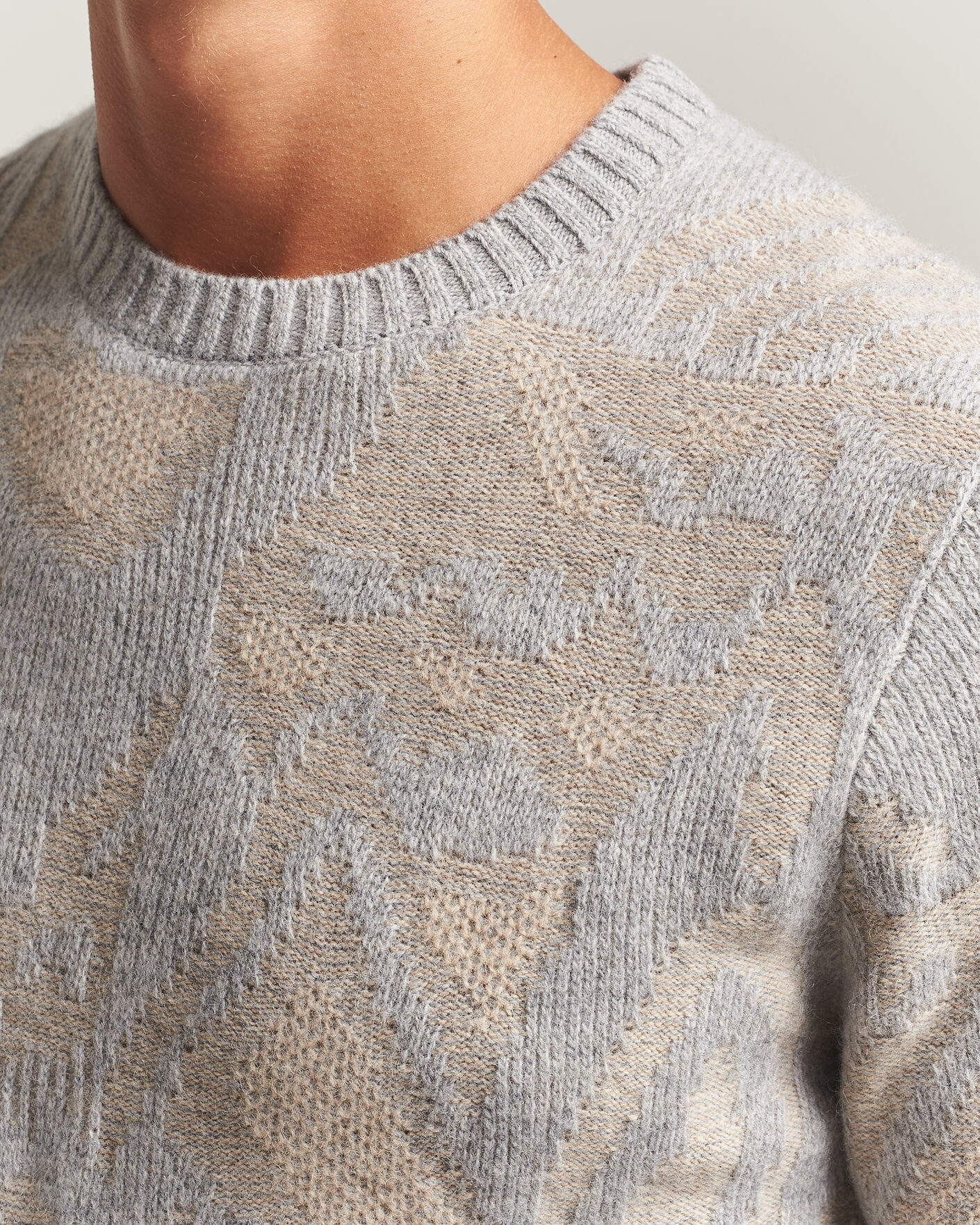Herren | Pullover | Stenströms | Knitted Jaquard Yak/Merino Sweater Beige Grey