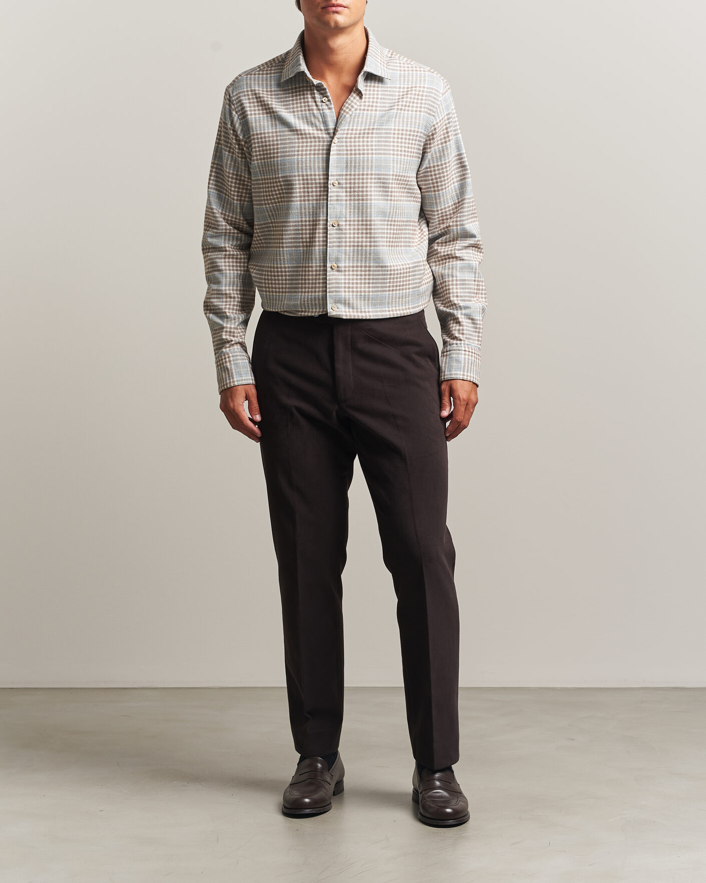 Herren | Hemden | Stenströms | Regular Fit Overcheck Flannel Shirt Light Brown
