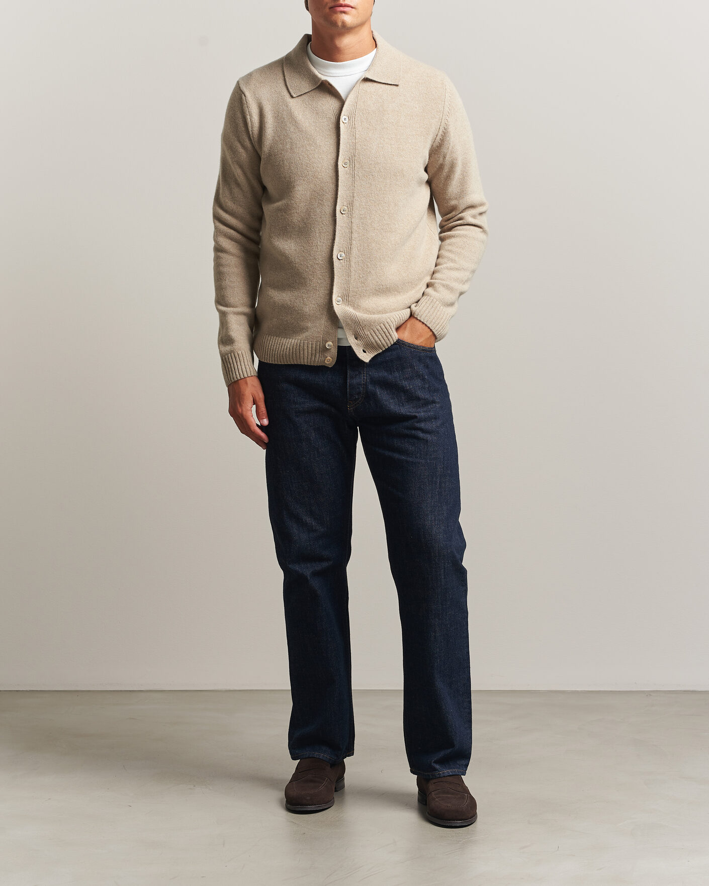 Herren | Pullover | Stenströms | Brushed Merino Polo Cardigan Beige