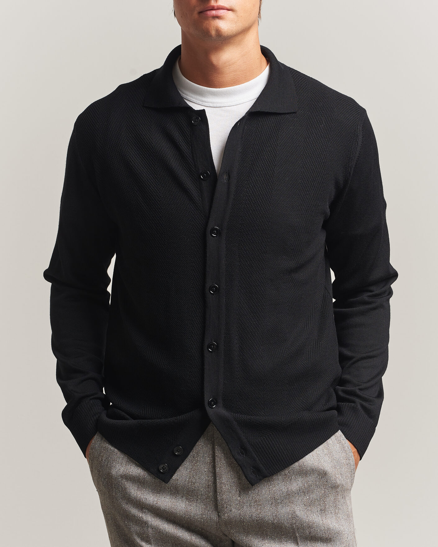 Herren | Pullover | Stenströms | Merino Herringbone Polo Cardigan Black