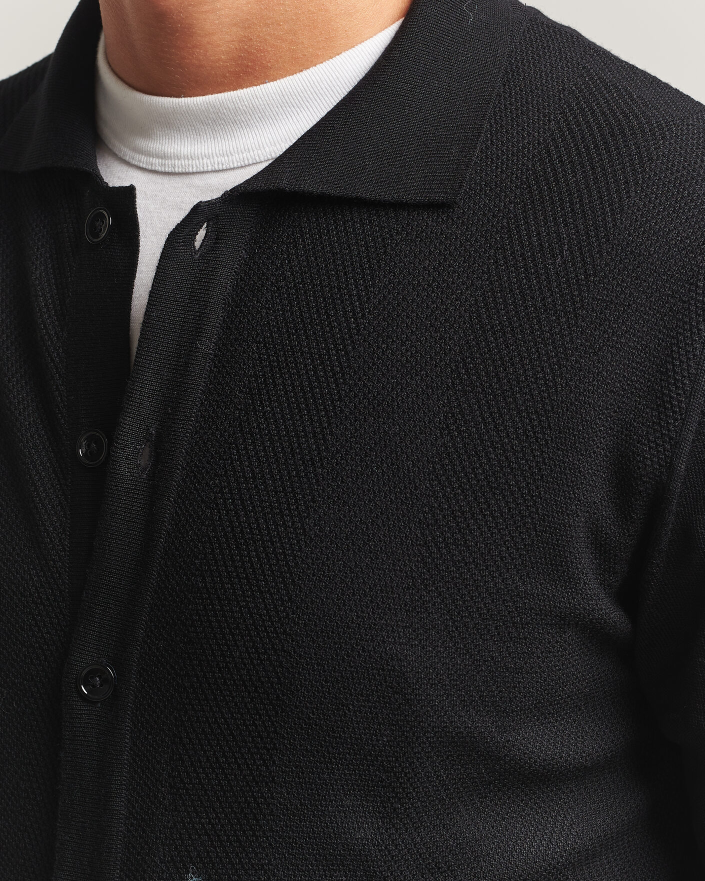 Herren | Pullover | Stenströms | Merino Herringbone Polo Cardigan Black