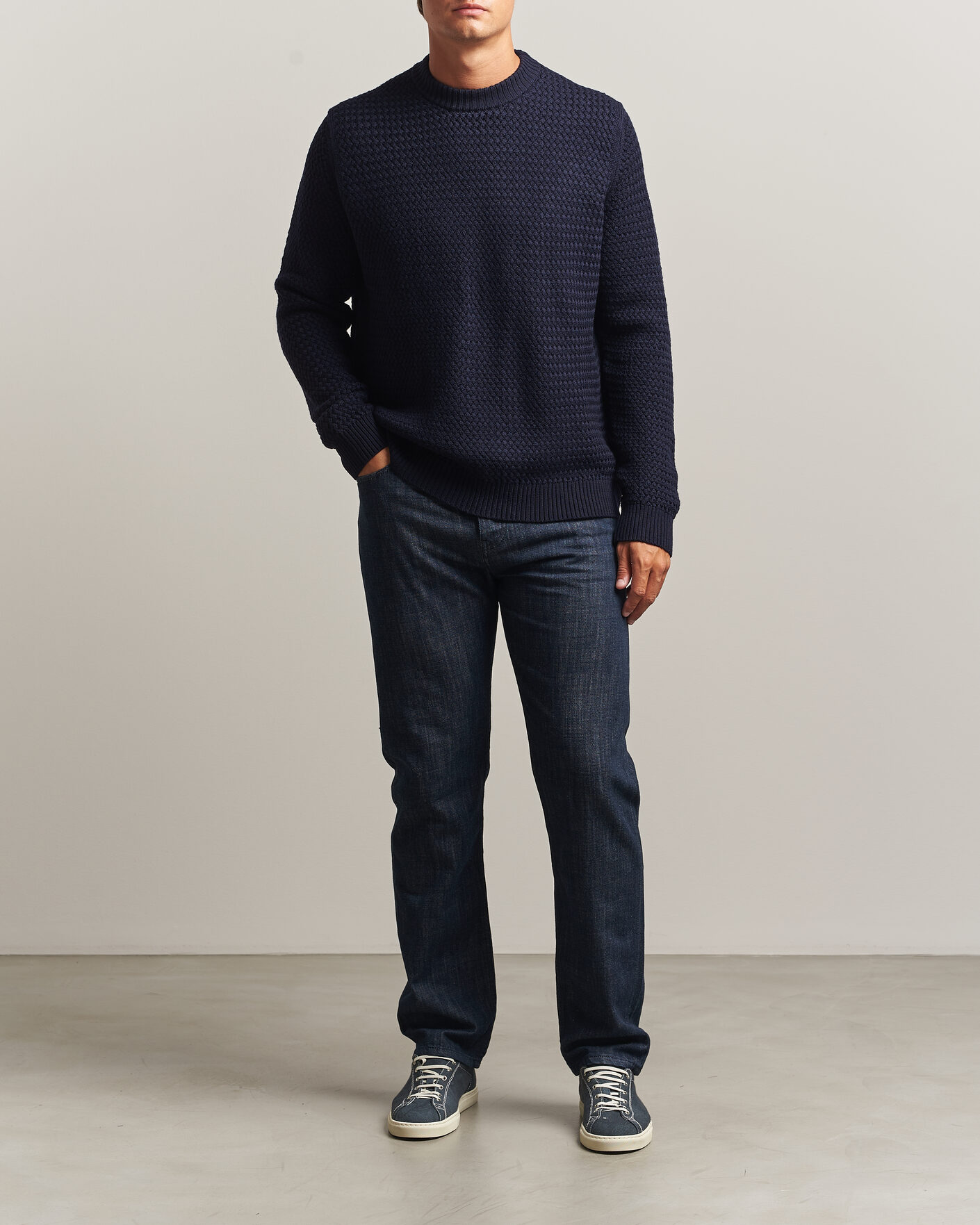 Herren | Pullover | Sunspel | Merino Basketweave Stitch Jumper Navy