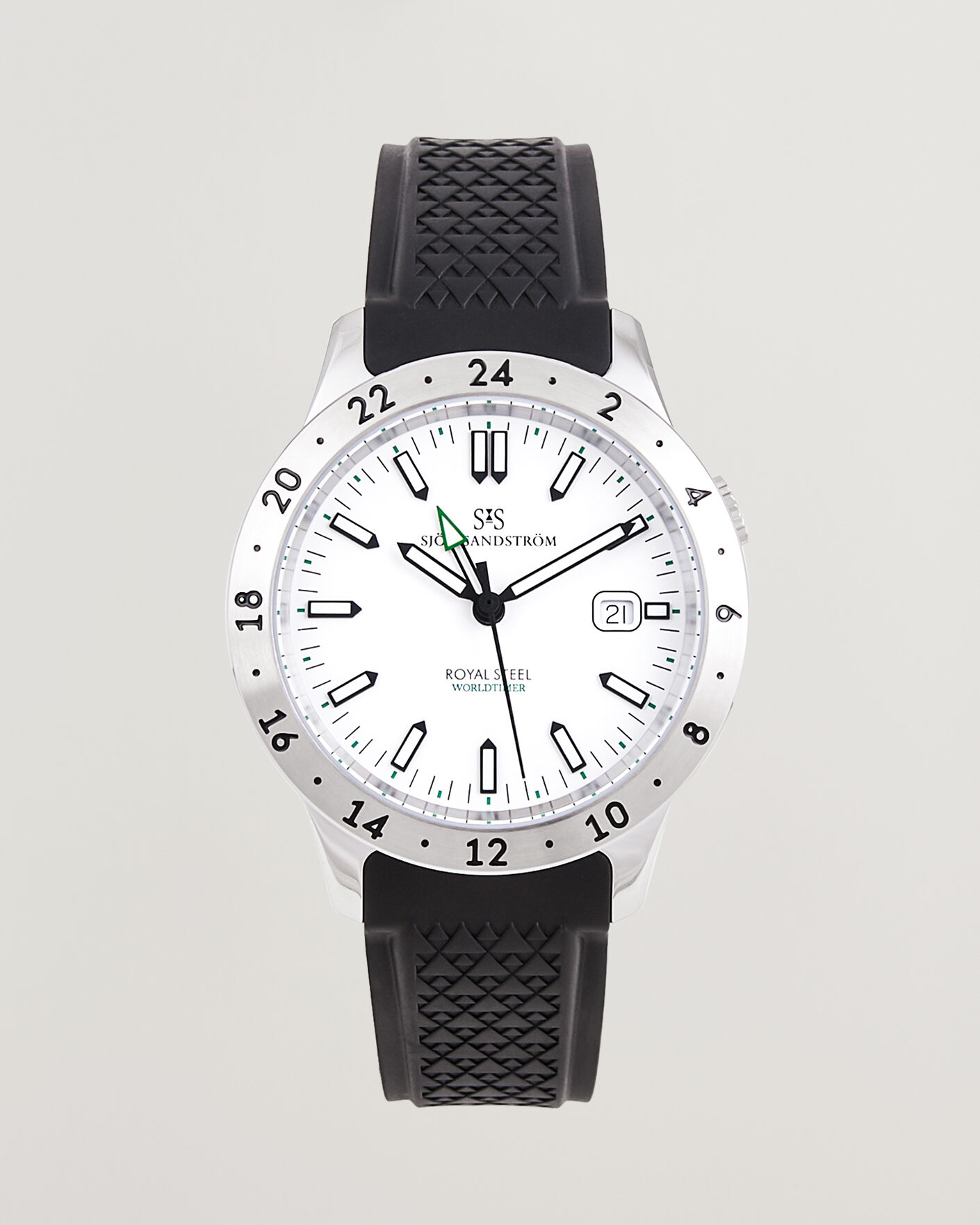 Herren | Sjöö Sandström Royal Steel Worldtimer 41mm Black Rubber White Dial | Sjöö Sandström | Royal Steel Worldtimer 41mm Black Rubber White Dial
