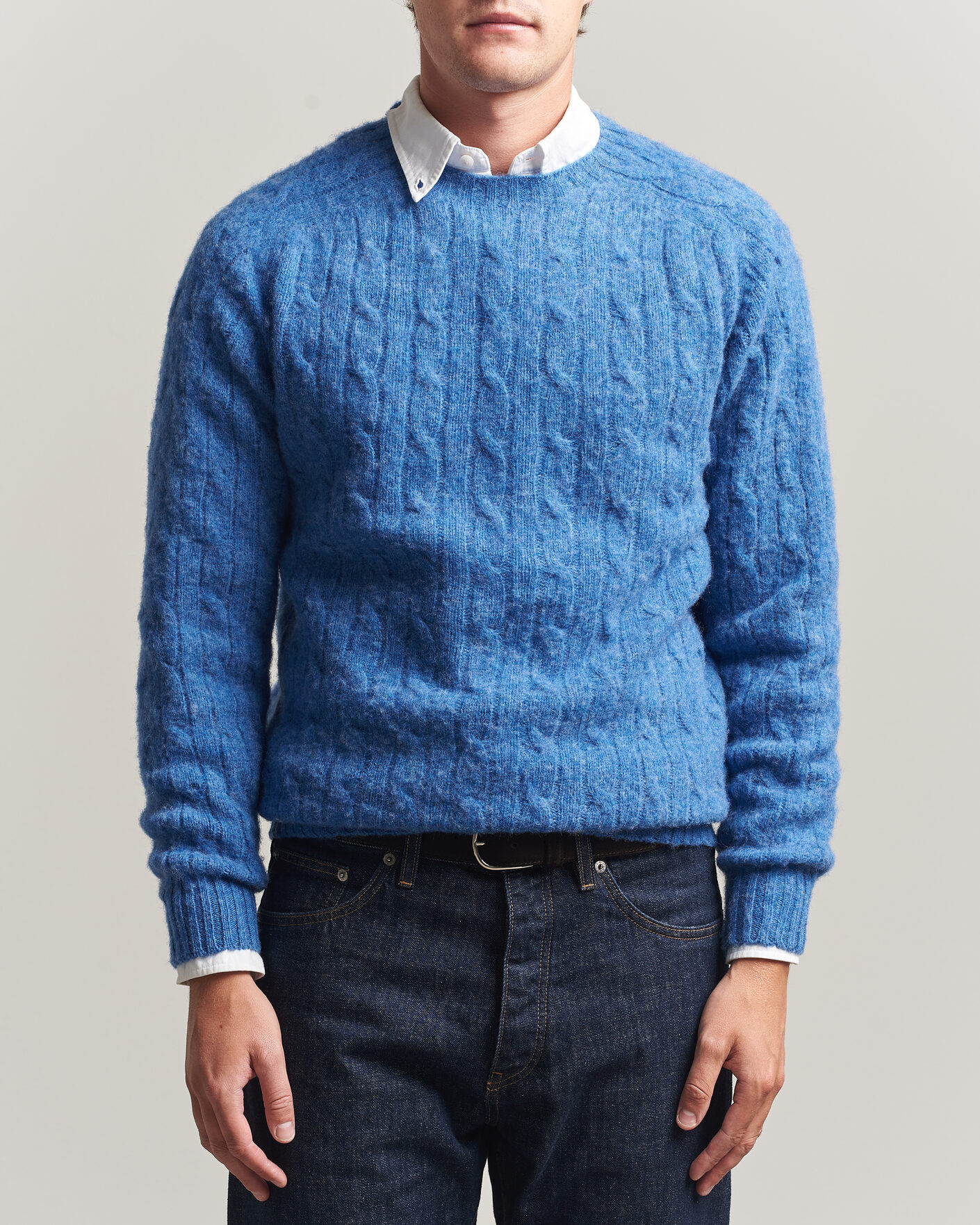 Herren | Pullover | Harley Of Scotland | Brushed Supersoft Lambswool Cable Cobalt