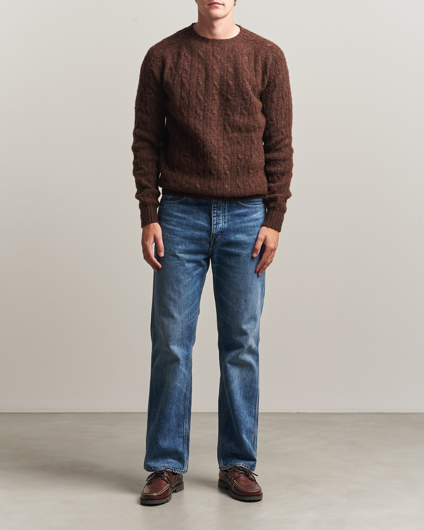 Herren | Pullover | Harley Of Scotland | Brushed Supersoft Lambswool Cable Marron