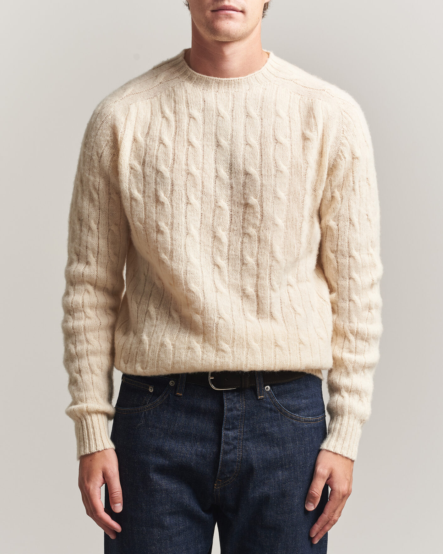 Herren | Pullover | Harley Of Scotland | Brushed Supersoft Lambswool Cable Vanilla