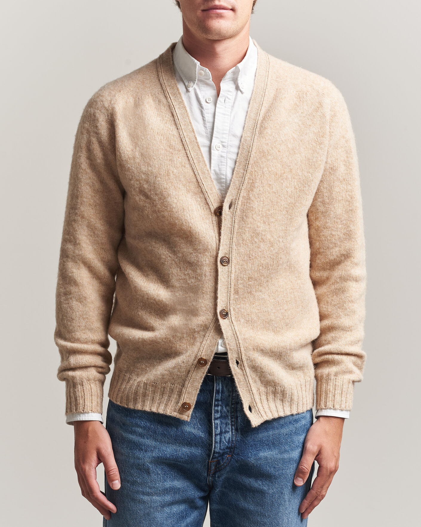 Herren | Pullover | Harley Of Scotland | Brushed Supersoft Lambswool Cardigan Calico