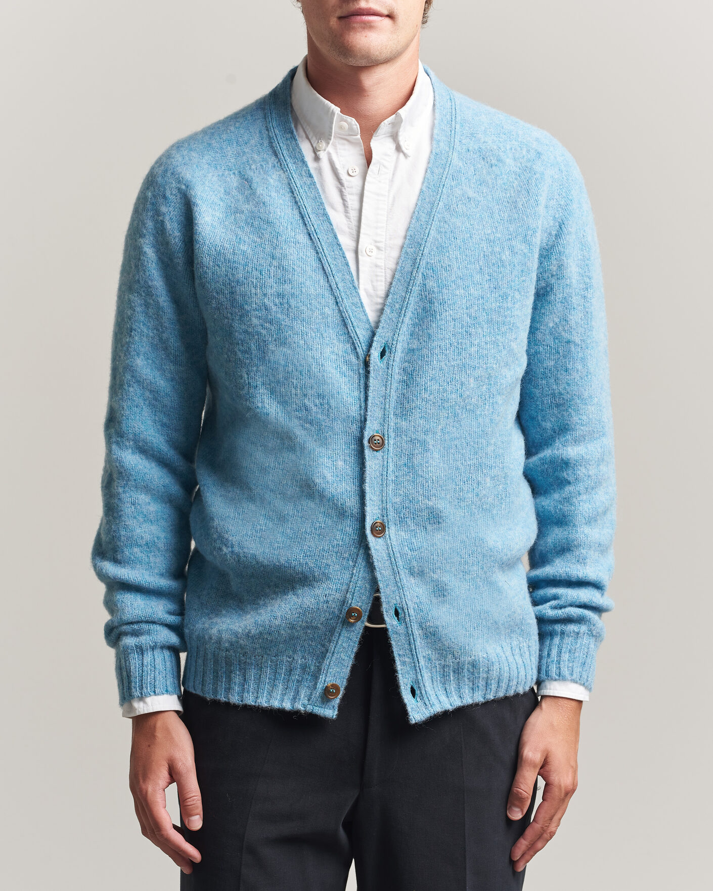 Herren | Pullover | Harley Of Scotland | Brushed Supersoft Lambswool Cardigan Loch Blue